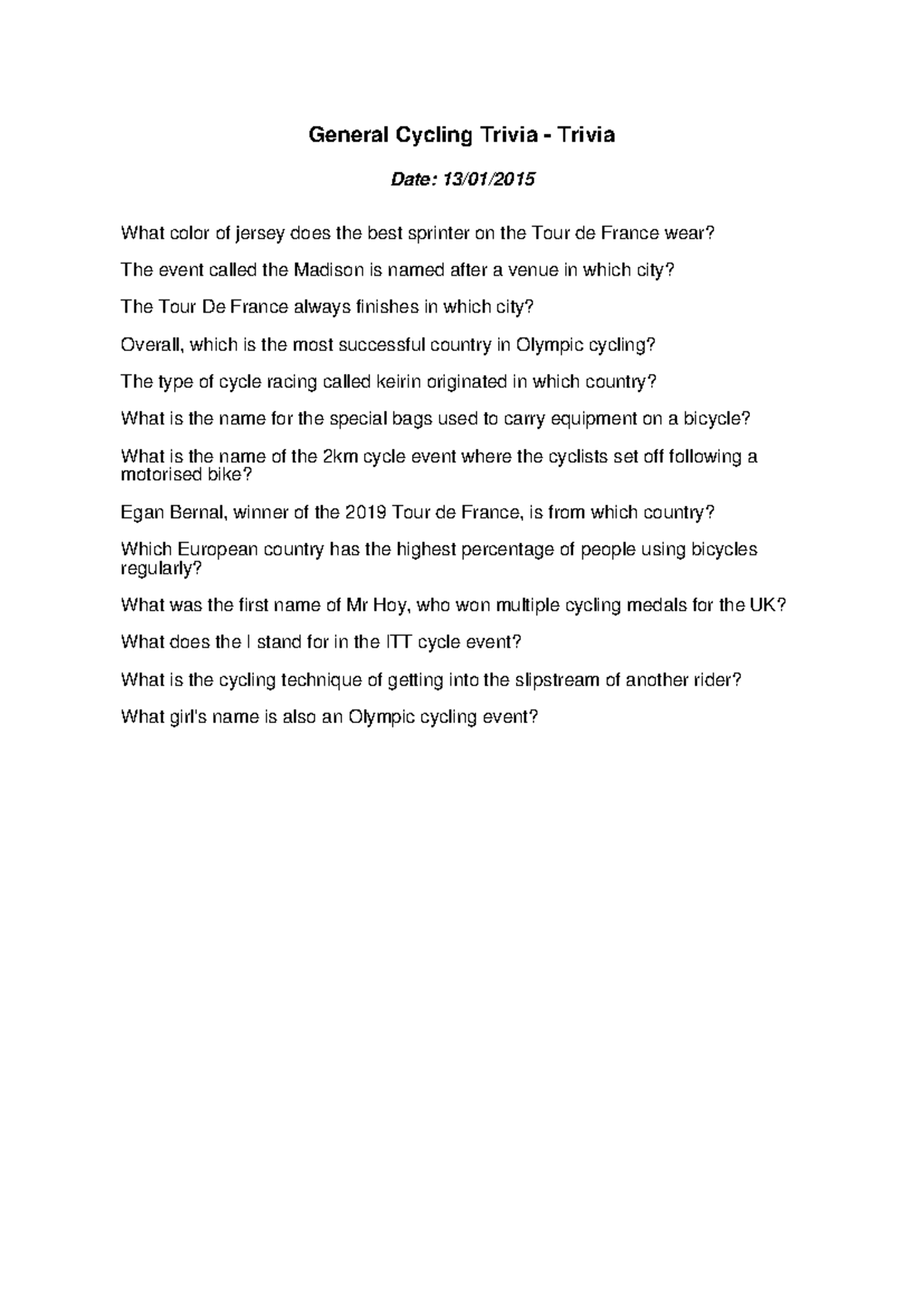 General Cycling Trivia Quiz 84: Test Your Knowledge! - Studocu