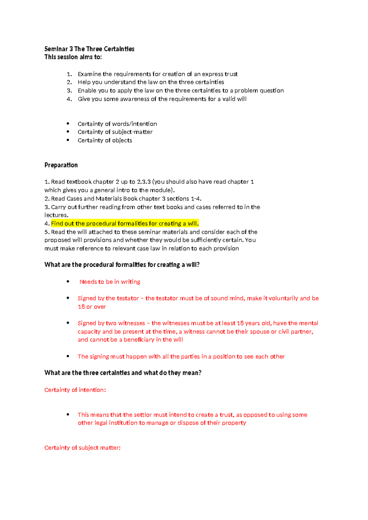 Seminar 3: Understanding the Three Certainties in Trust Law - Studocu