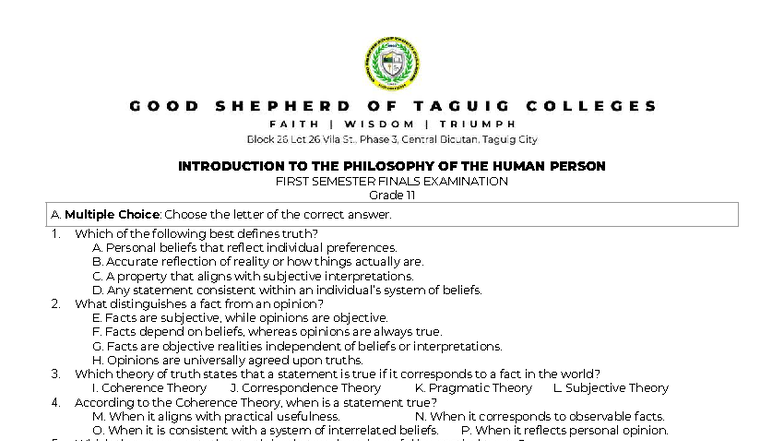 PHIL 101: Introduction to the Philosophy of the Human Person - Final ...