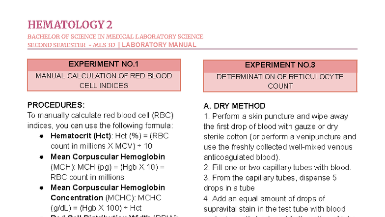 Hematology 2 MLS 3D Lab Manual: RBC Indices & Reticulocyte Count - Studocu