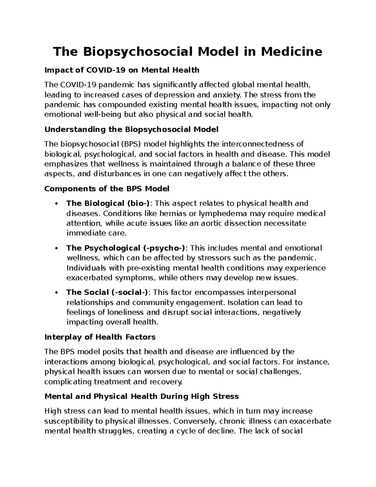 The Biopsychosocial Model in Medicine - The stress from the pandemic ...