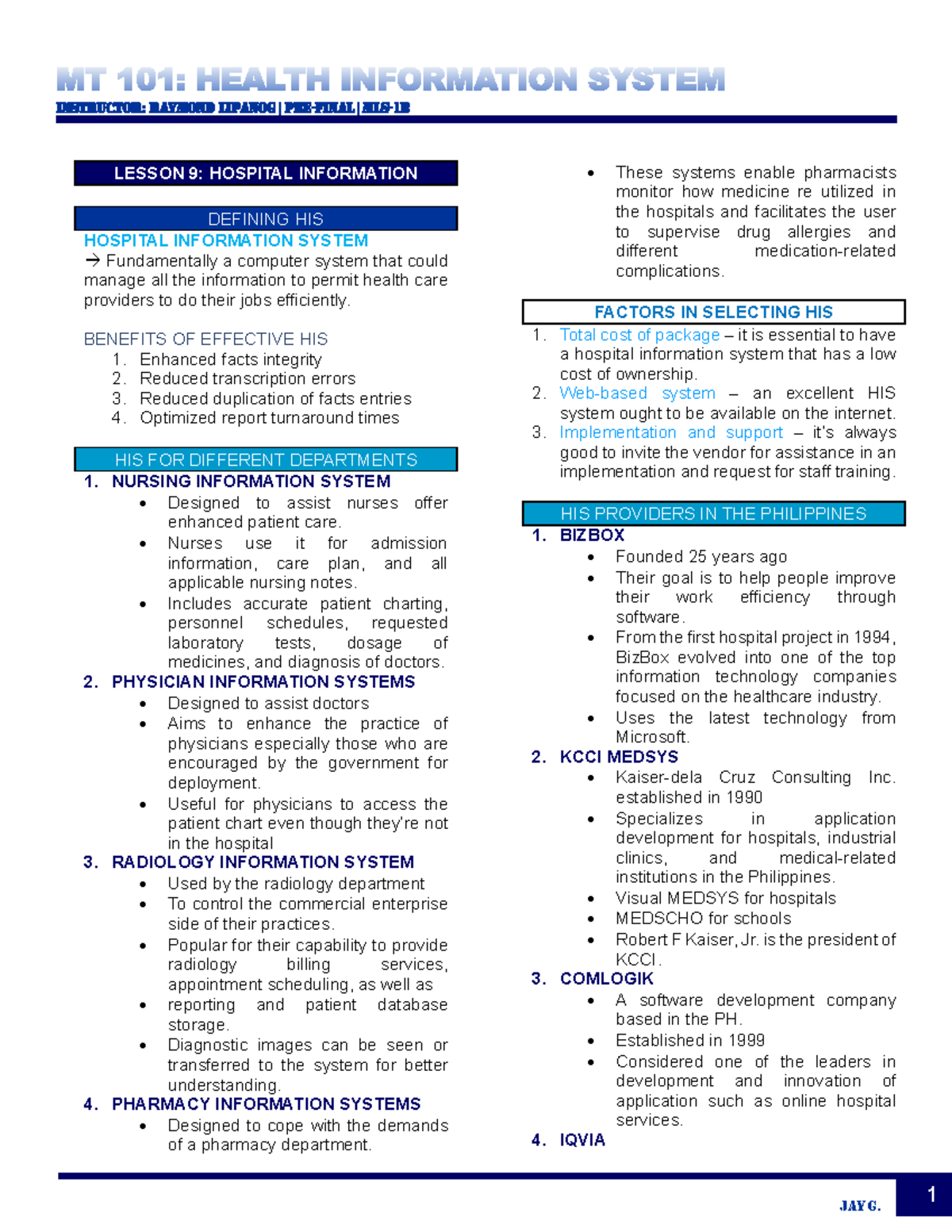 HIS- Lesson 9: Understanding Hospital Information Systems - Studocu