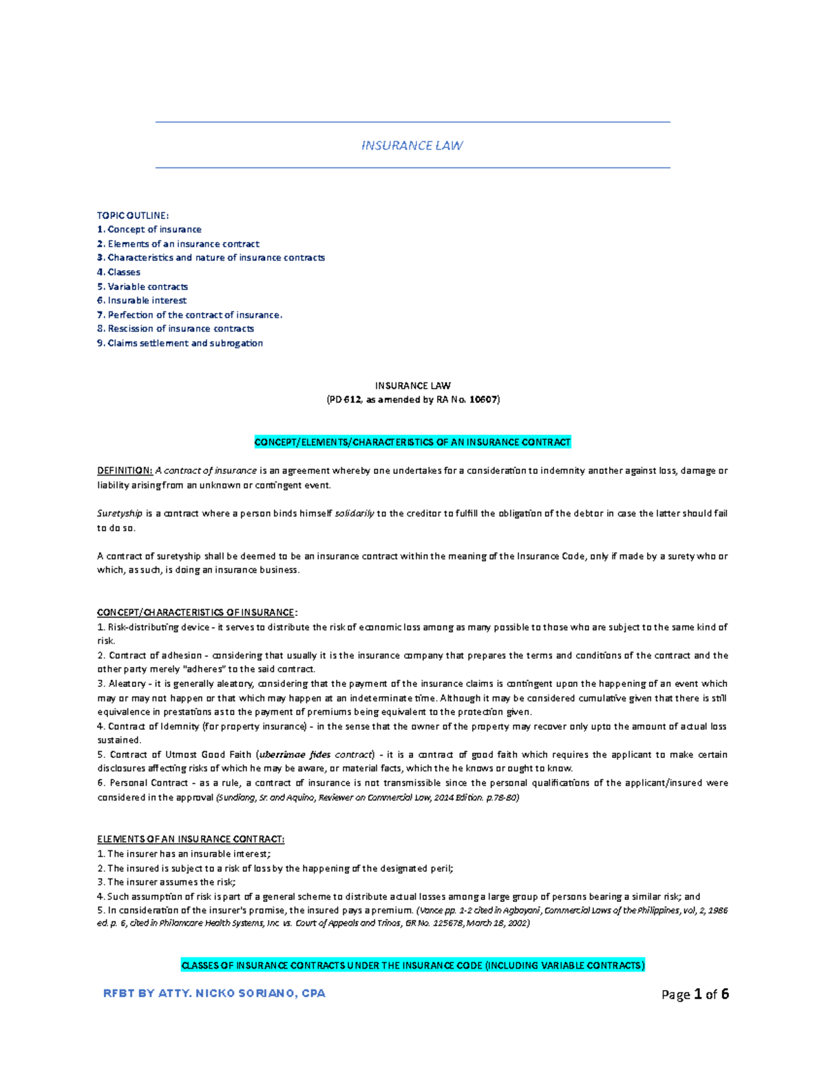 Insurance Law Notes (SRC 2023) - Key Concepts and Contract Elements ...