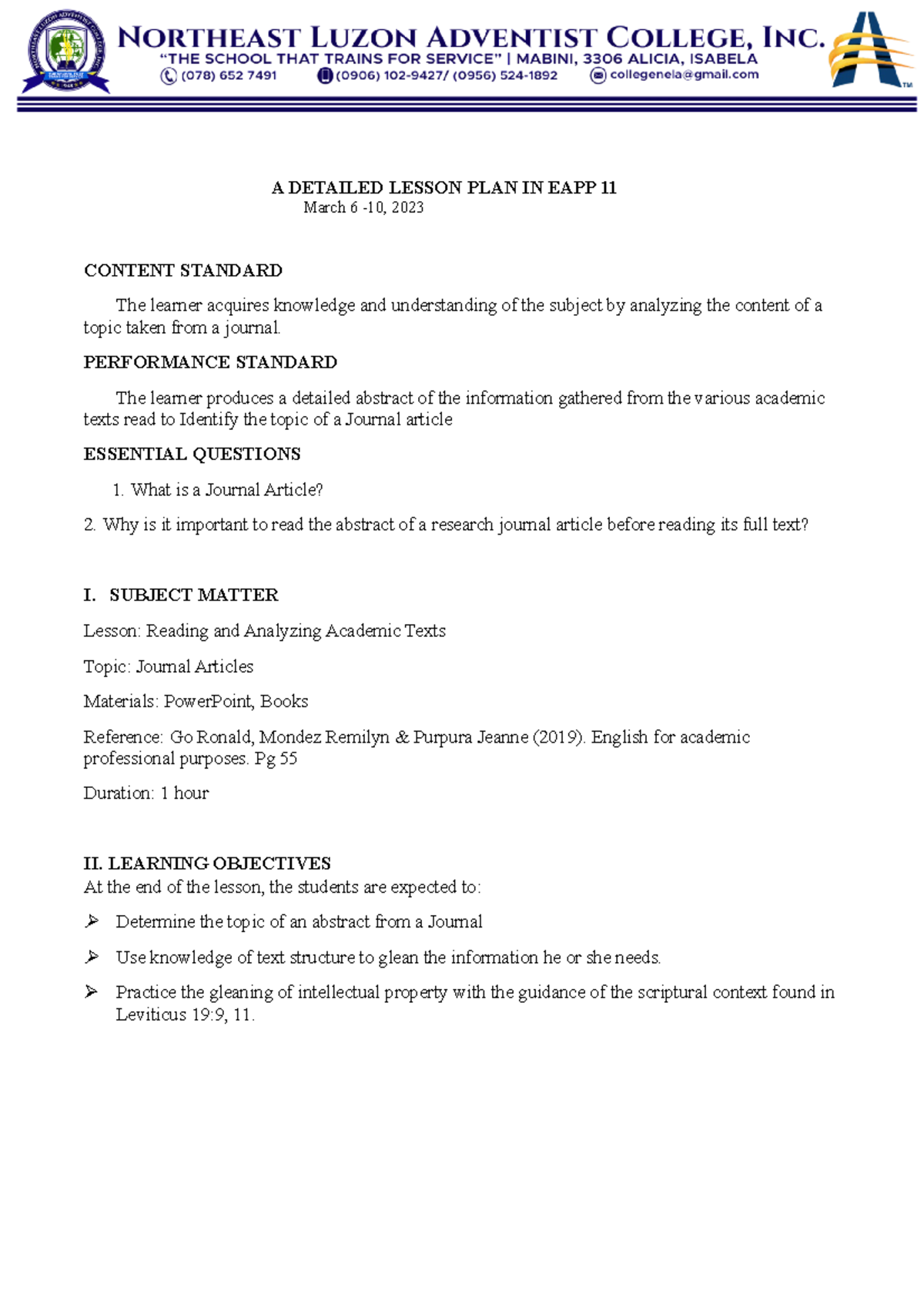 EAPP 11 UNIT 1 Lesson Plan: Analyzing Journal Articles - Studocu