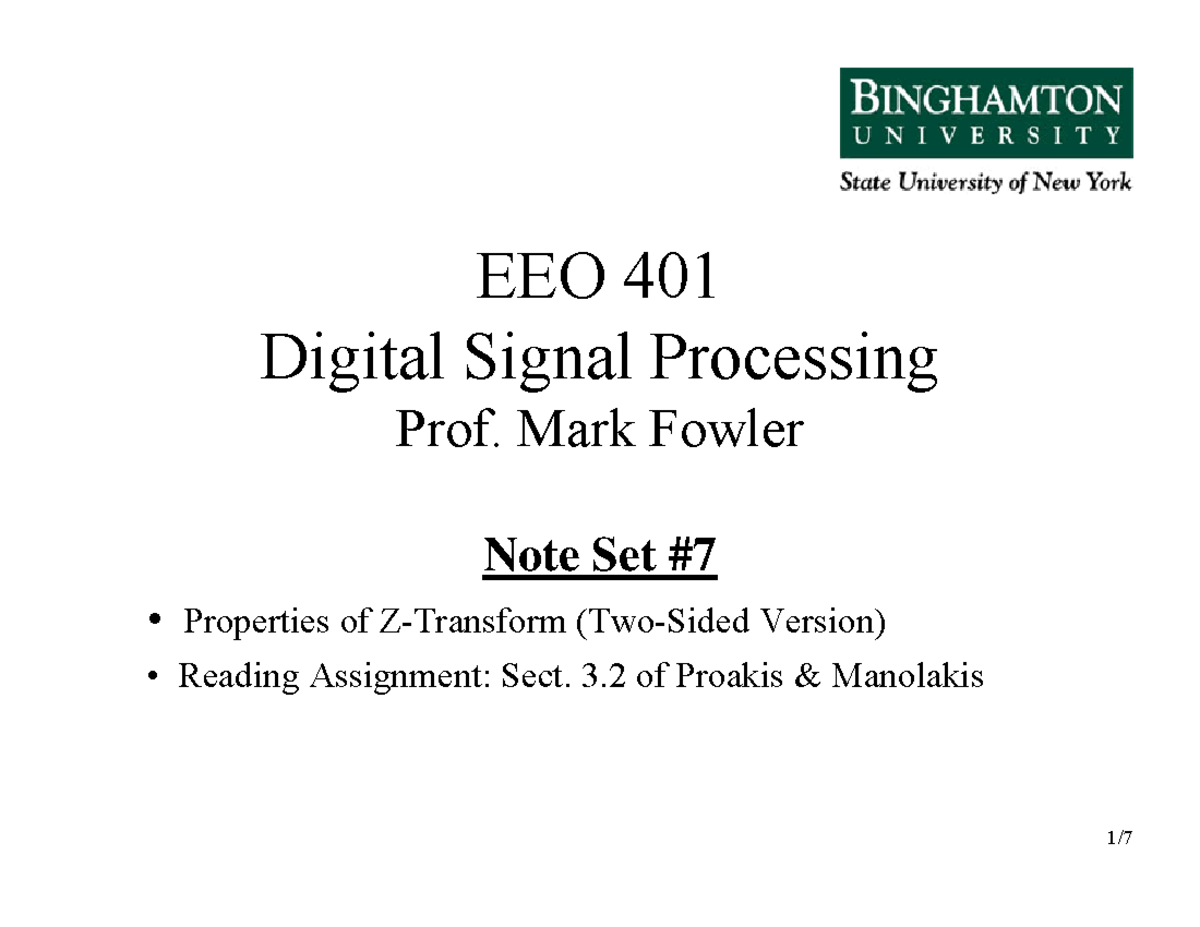EEO 401 Digital Signal Processing: Note Set 7 on Z-Transform Properties ...