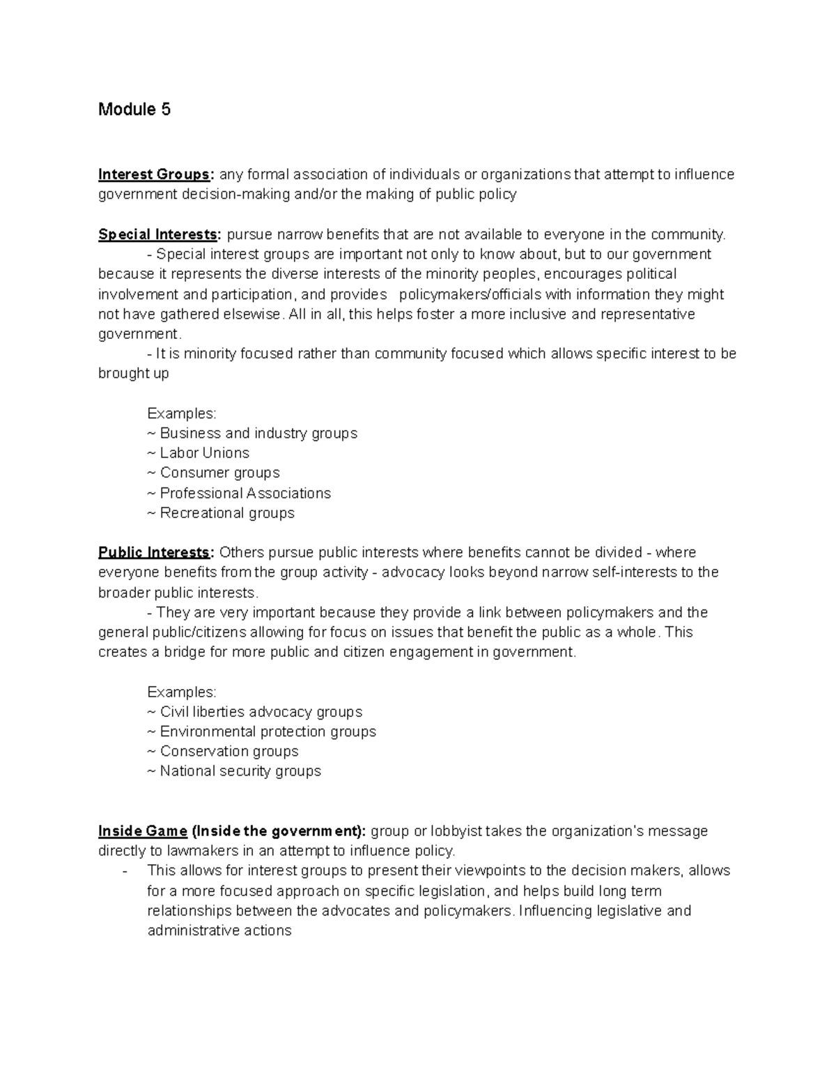 Interest Groups & Public Policy Influence: Module 5 Notes - Studocu