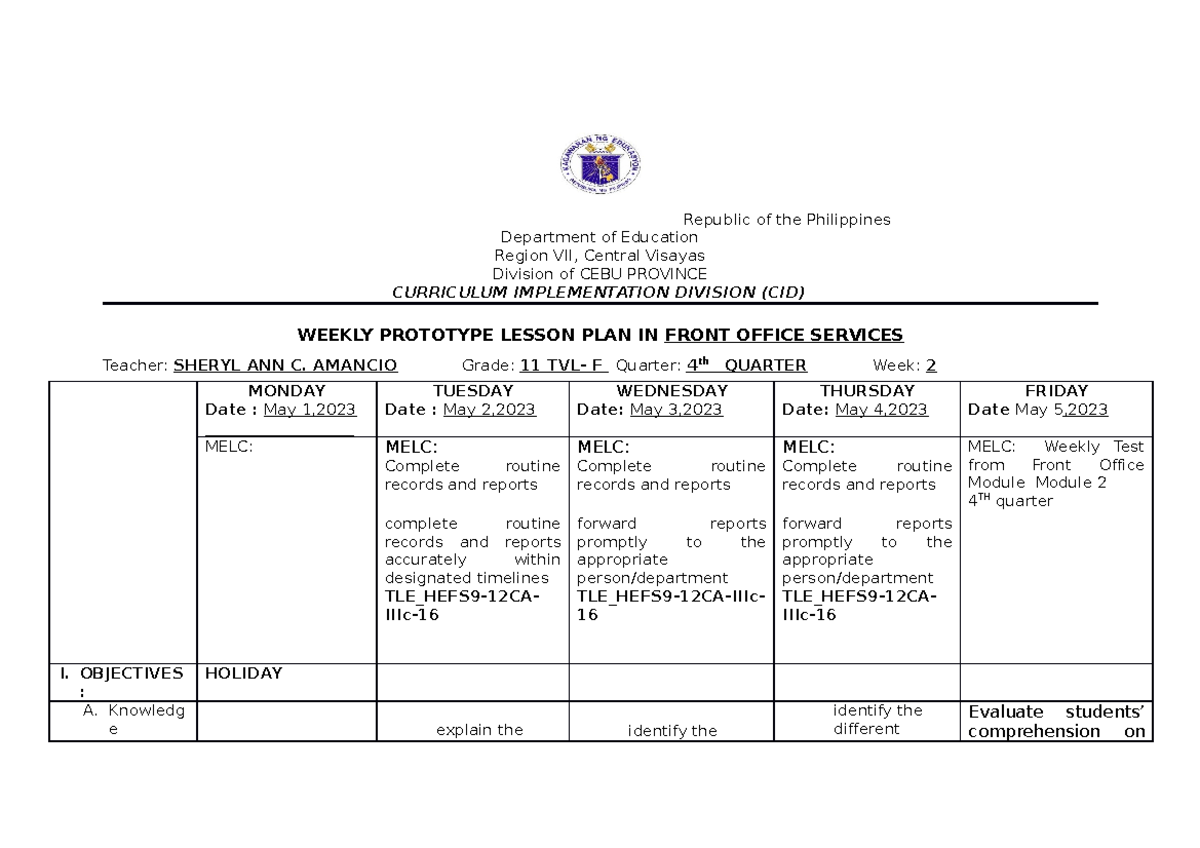 Grade 11 TVL 4th Quarter Weekly Prototype Lesson Plan - Week 2 - Studocu