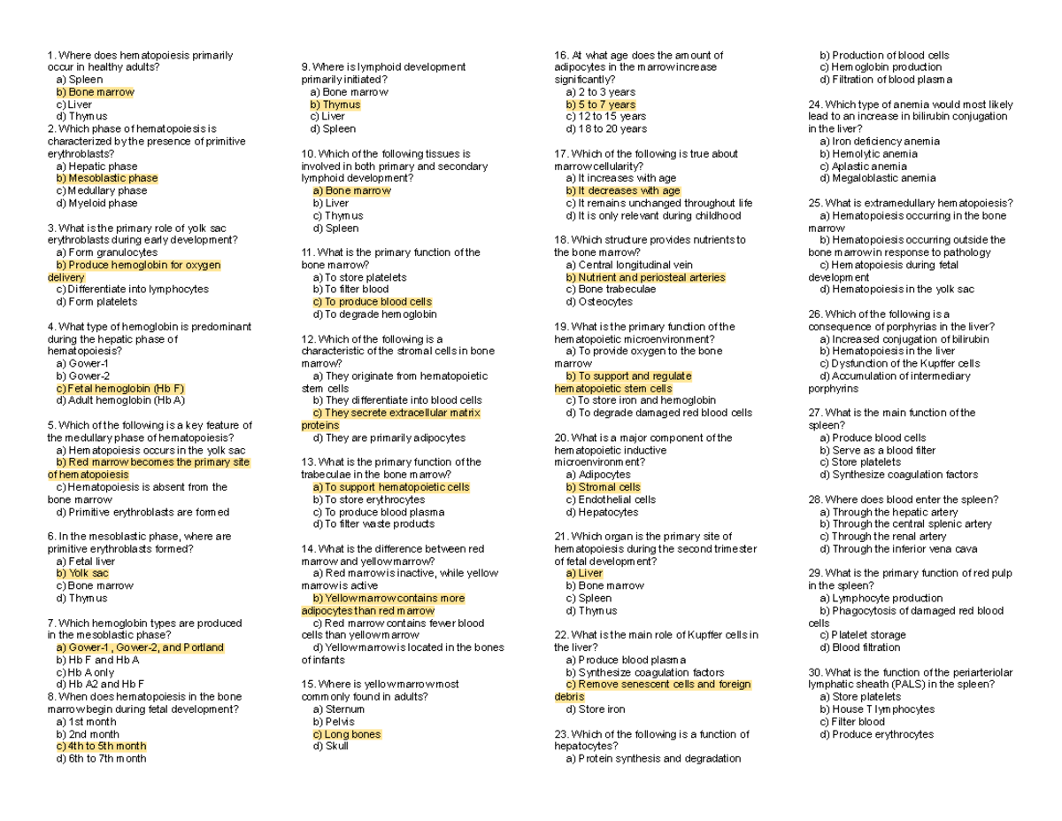 Hematology 1 Practice Questions - Where does hematopoiesis primarily ...