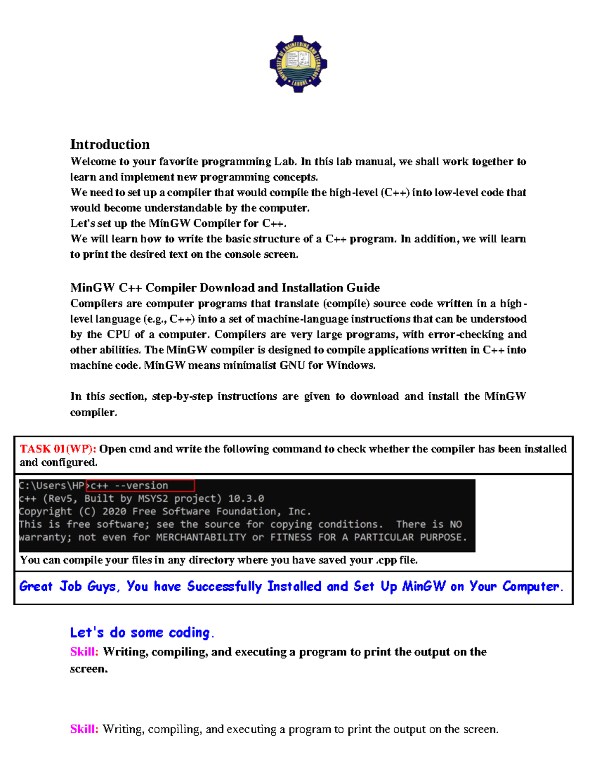 C++ Lab 1: Practical Implementation & MinGW Setup Guide - Studocu