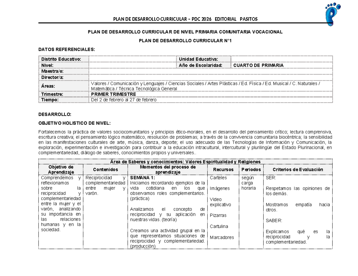 PLAN DE DESARROLLO CURRICULAR PDC 2026: CUARTO DE PRIMARIA - PRIMER ...