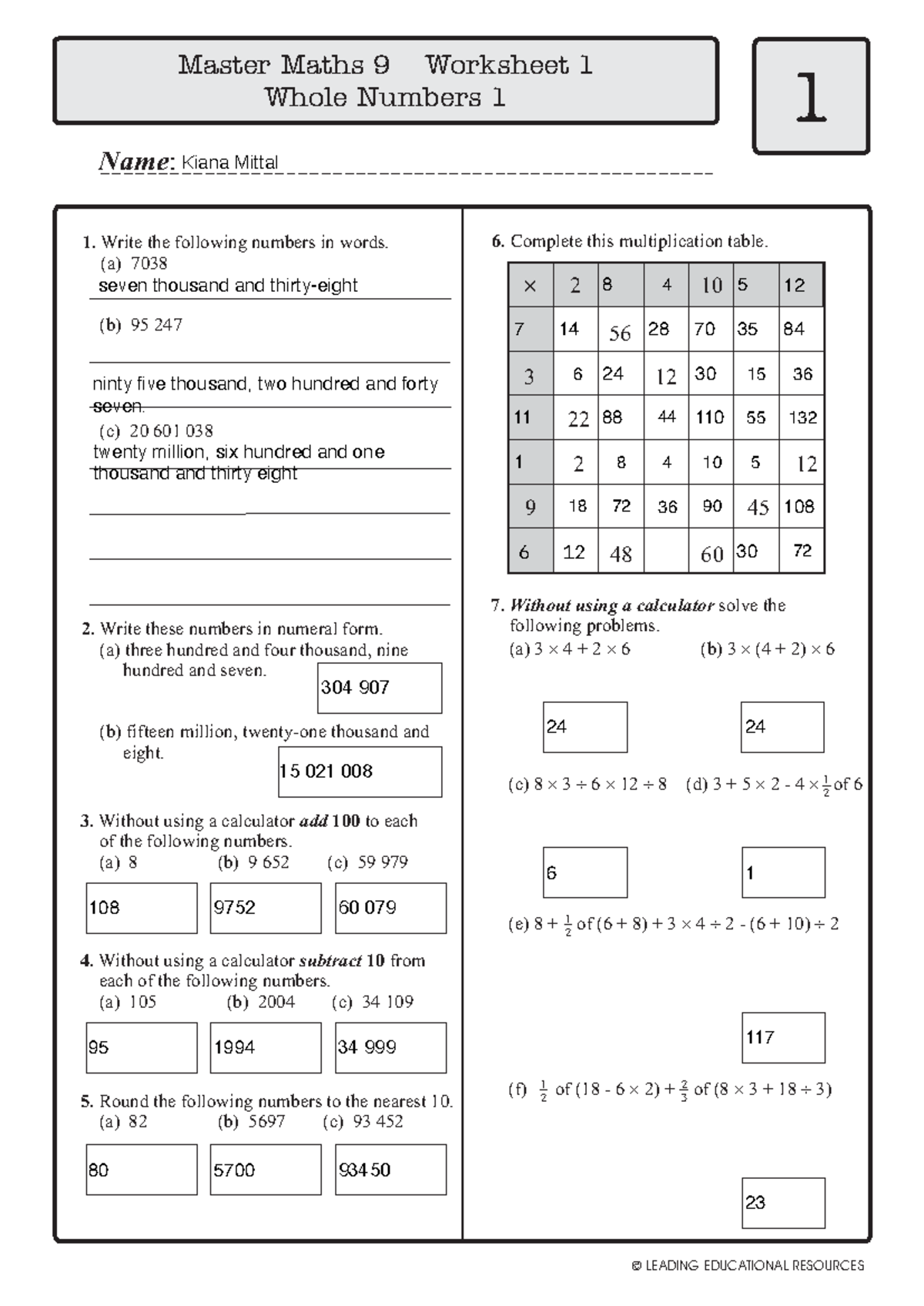 Master Maths 9 Worksheets: Whole Numbers, Fractions, Decimals & More ...