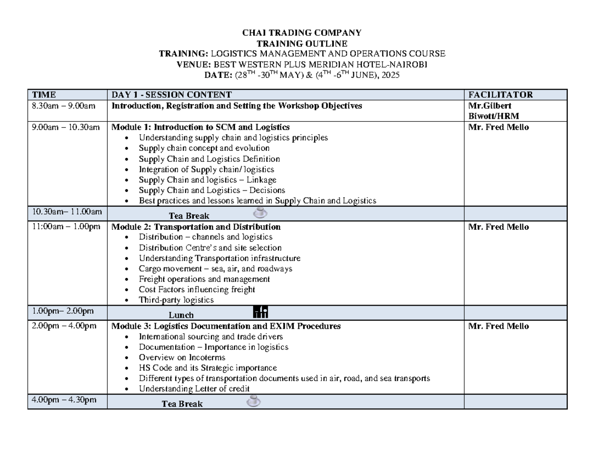 Logistics MGT & Operations Training Outline (Course Code: LMO 2025 ...