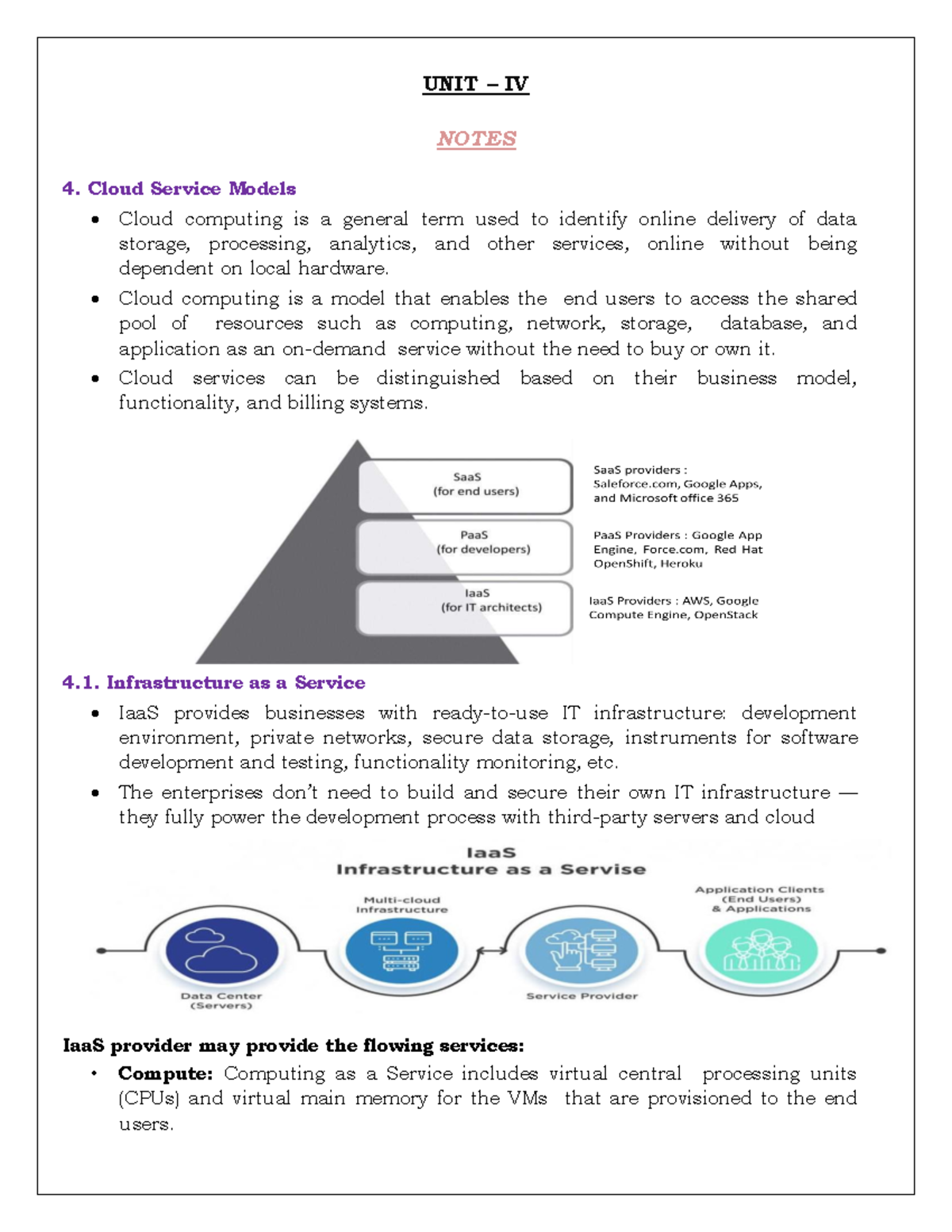 CC UNIT-4 LECTURE NOTES: Cloud Service Models Overview - Studocu