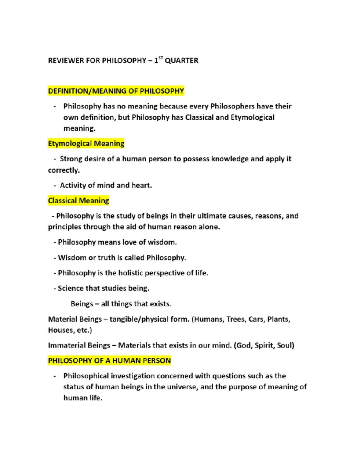 Philosophy 1st Quarter Review Guide 204322 - Final Exam Insights - Studocu