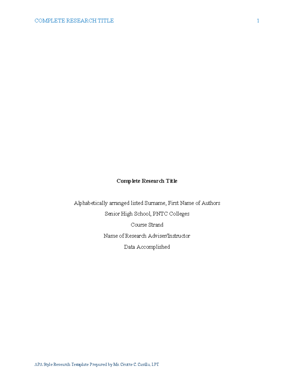 Research Paper Template - APA Style - COMPLETE RESEARCH TITLE 1 ...