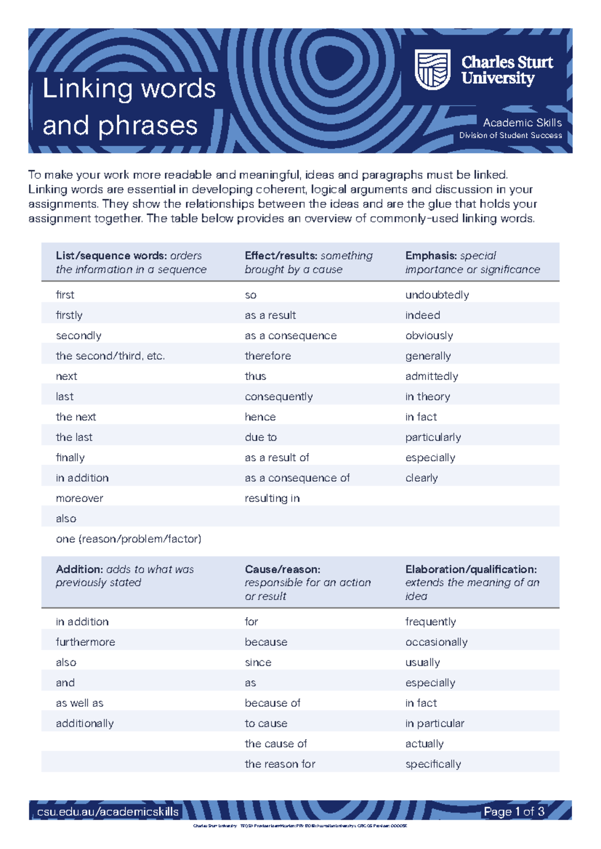 Linking Words and Phrases: Academic Skills Guide - Studocu