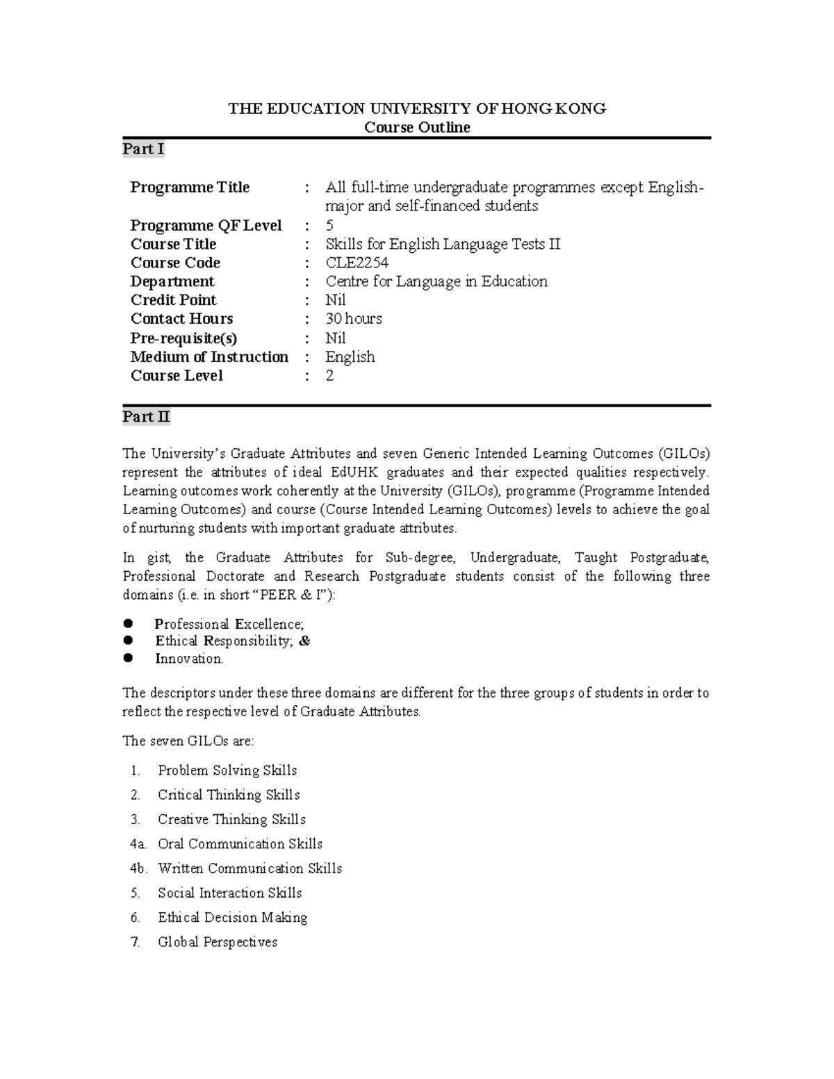 CLE2254 Skills for English Language Tests II Course Outline 2025-26 ...