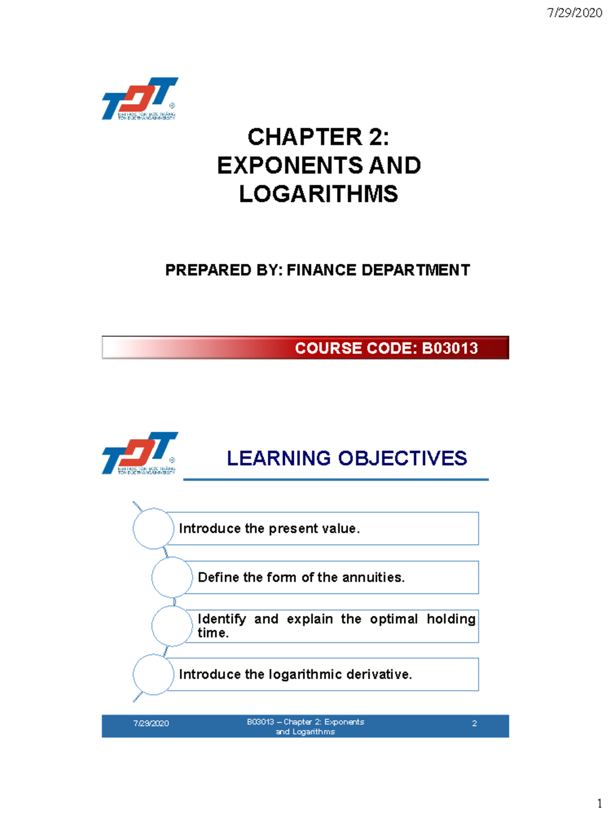 B03013 Chapter 2 Exponent AND Logarithms 0 - 7/29/2020 B02005 – Chapter ...
