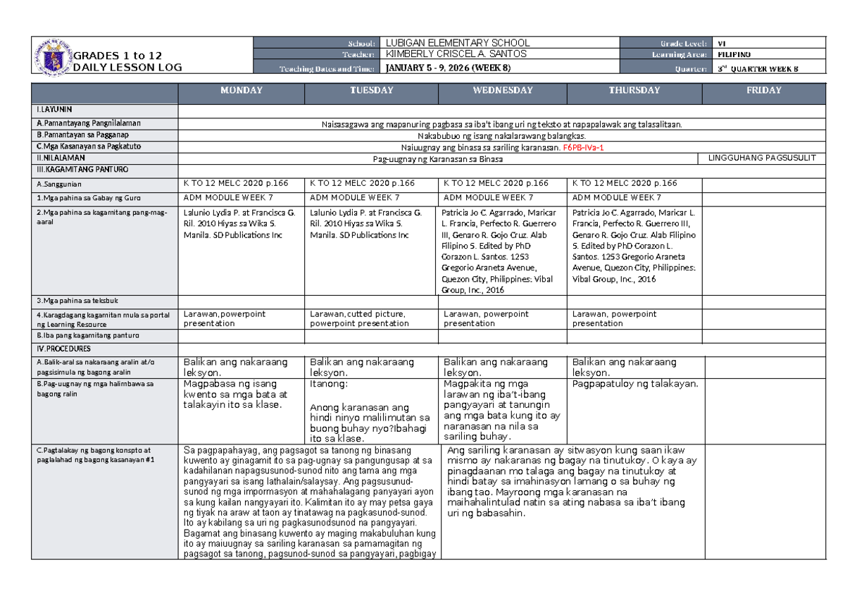 DLL Filipino 6 Q3 W8: Daily Lesson Log for Week 8 - Studocu