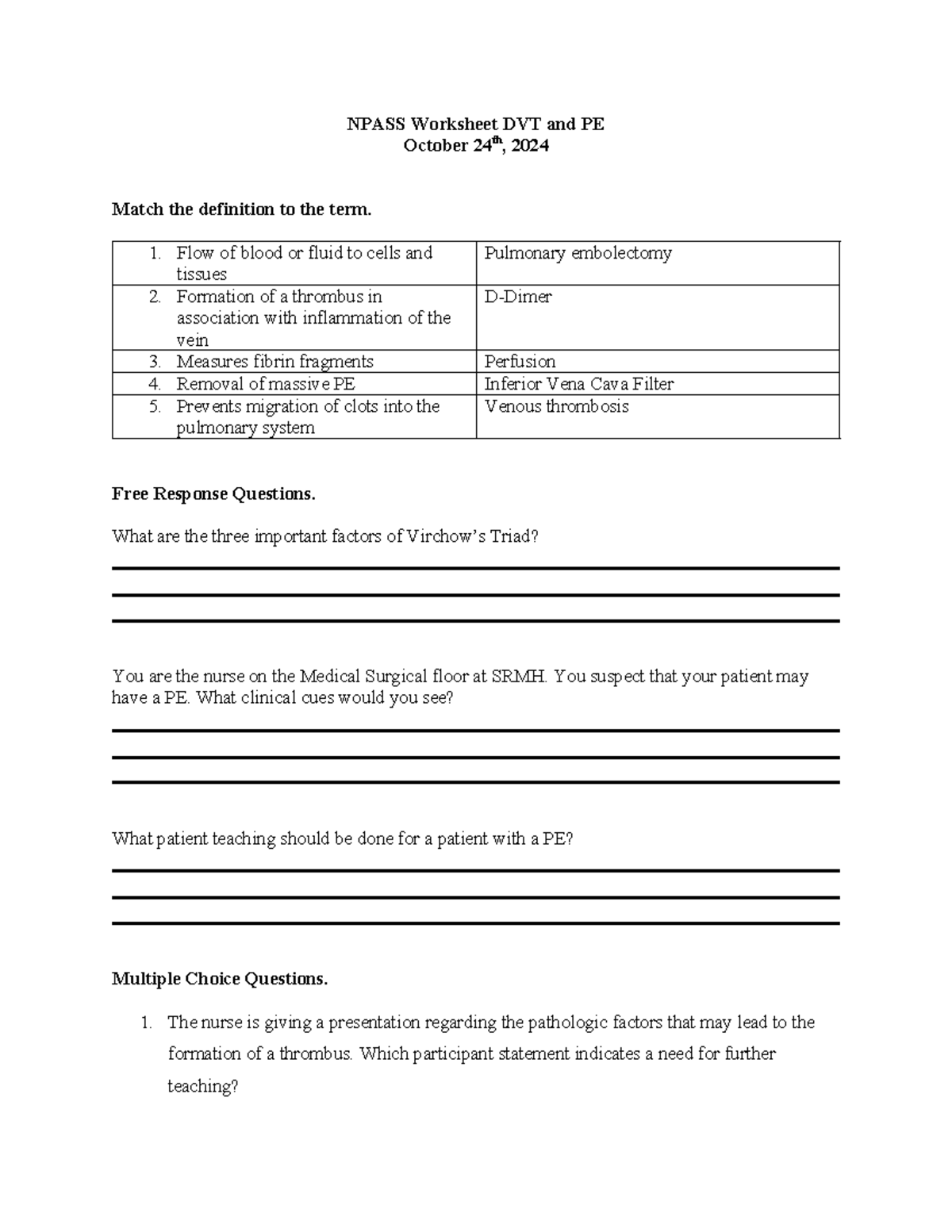 Npass Worksheet DVT and PE - NPASS Worksheet DVT and PE October 24th ...