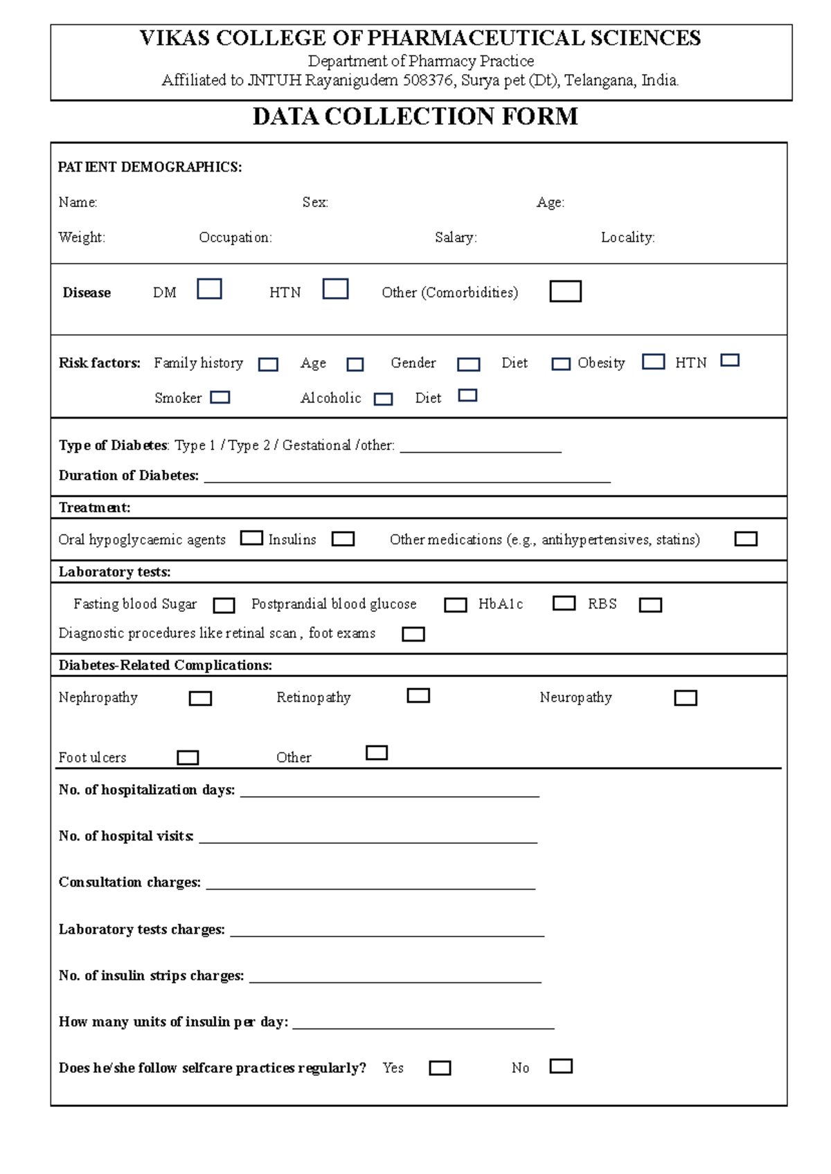 DATA Collection FORM - DATA COLLECTION FORM PATIENT DEMOGRAPHICS: Name ...