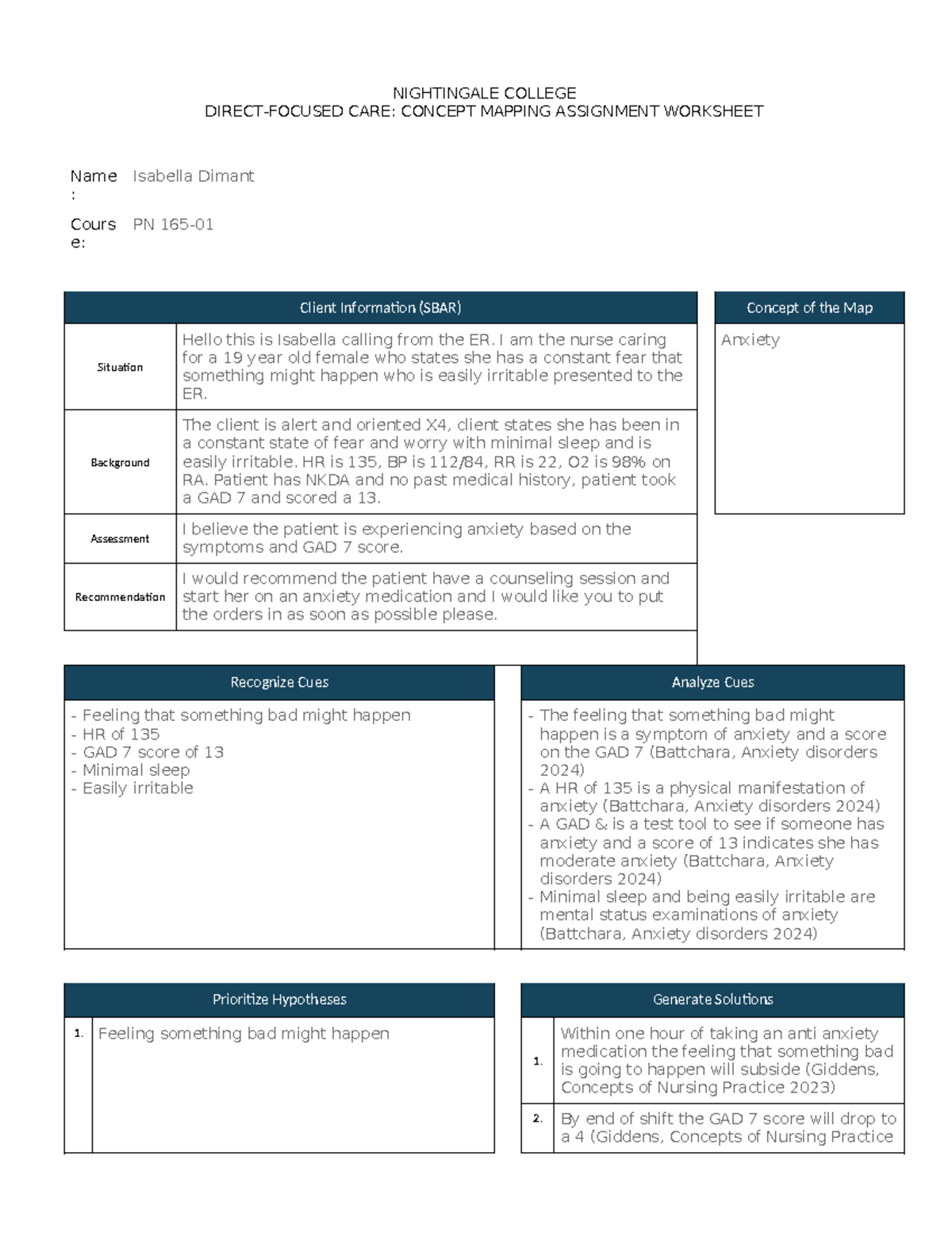 NIGHTINGALE COLLEGE PN: Concept Mapping Assignment on Anxiety - Studocu