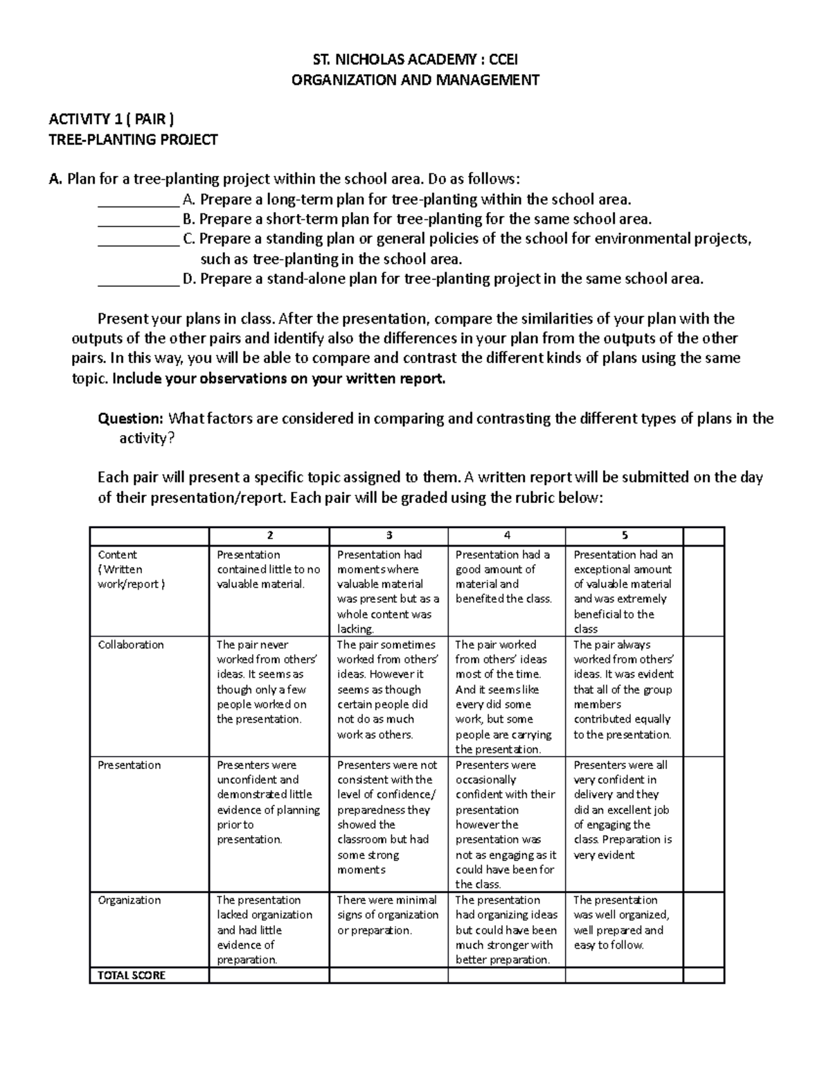 Activity 1: Tree Planting Project Plan for ST. Nicholas Academy - Studocu