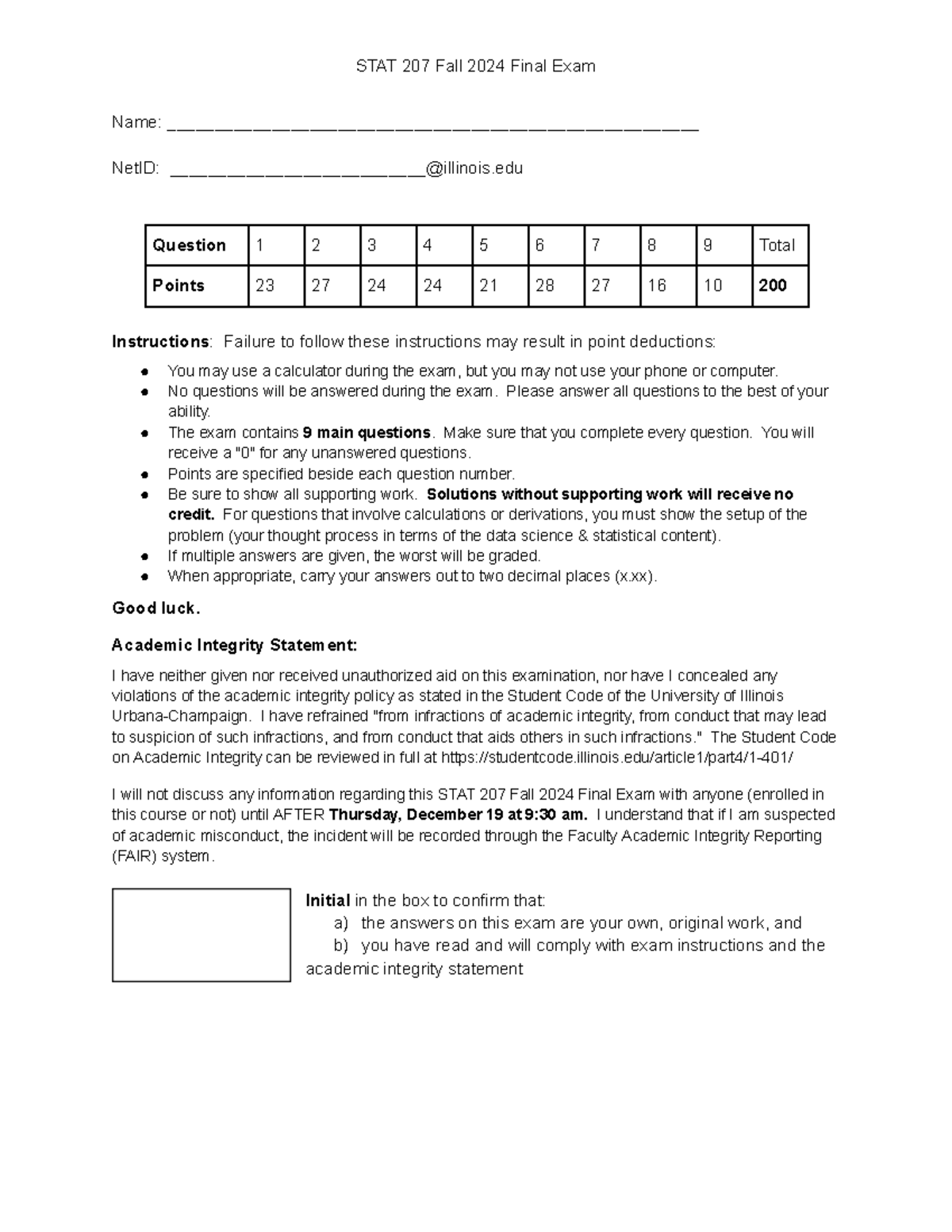 STAT 207 Fall 2024 Final Exam - Comprehensive Review and Questions ...
