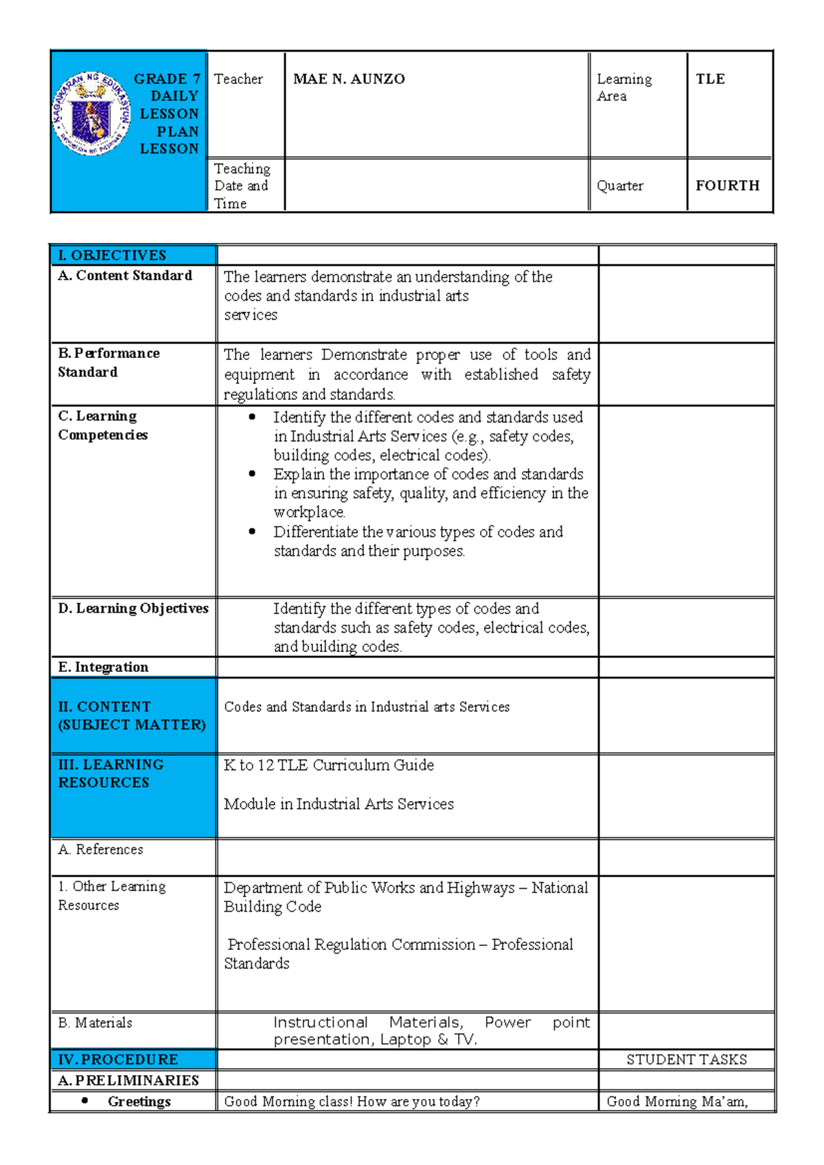 GRADE 7 TLE Lesson Plan: Codes and Standards for 4th Quarter - Studocu