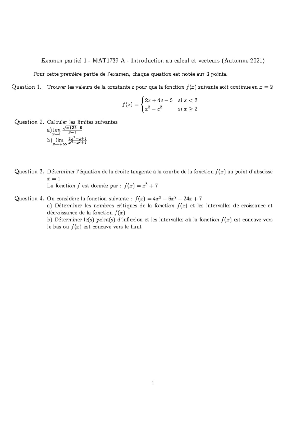 Examen partiel 1 - MAT1739 A - Question 1. Trouver les valeurs de la ...