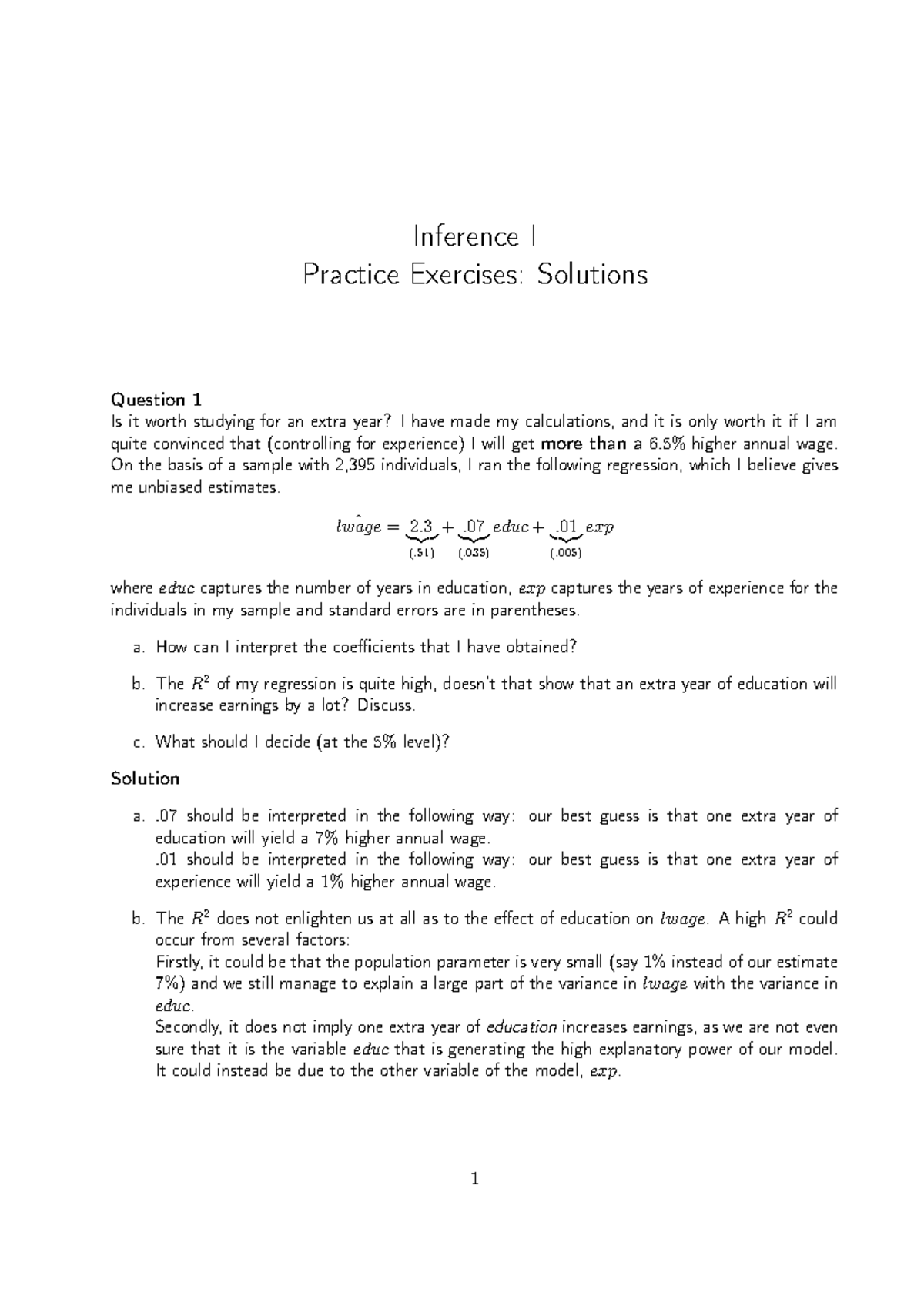 Practice Exercises- Inference I Solutions - Inference I Practice ...