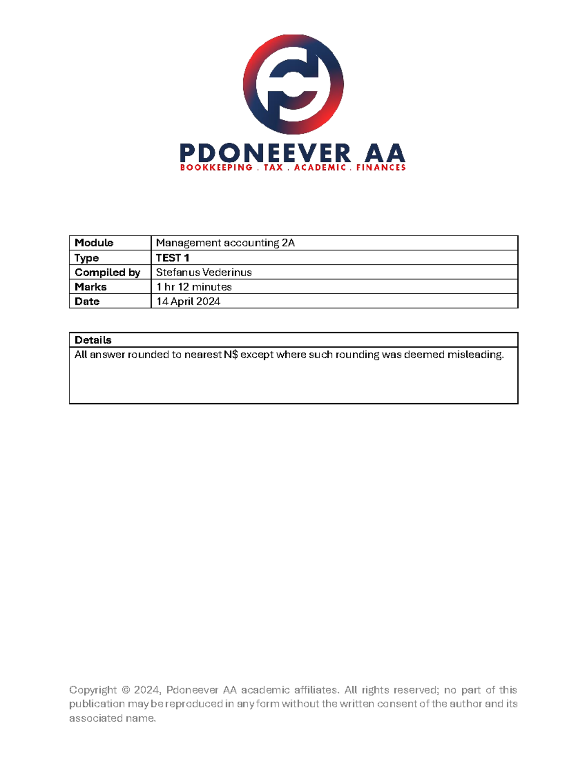 Management accounting test 1 - 2024 - Copyright © 2024, Pdoneever AA ...