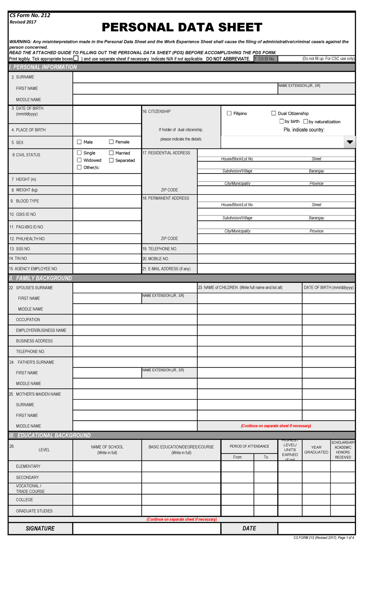 Csc form 212 revised 2017 editable - Print legibly. Tick appropriate ...