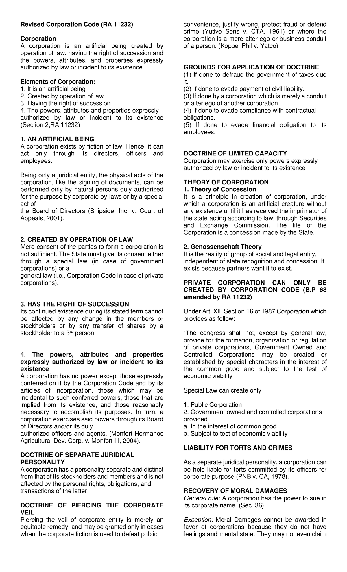 Revised Corporation Code: Key Concepts and Legal Framework - Studocu