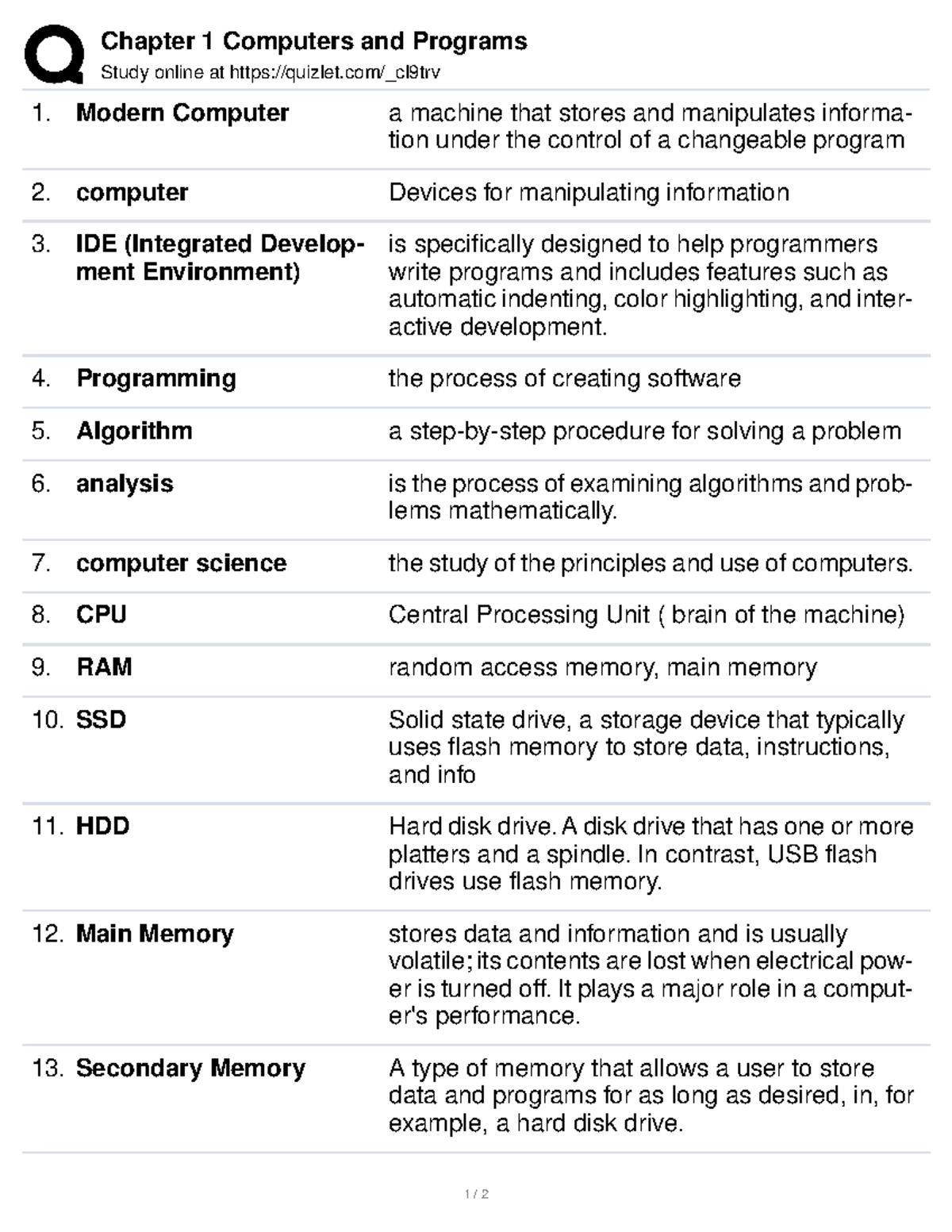 Study vocab for chapter 1 - Chapter 1 Computers and Programs Study ...