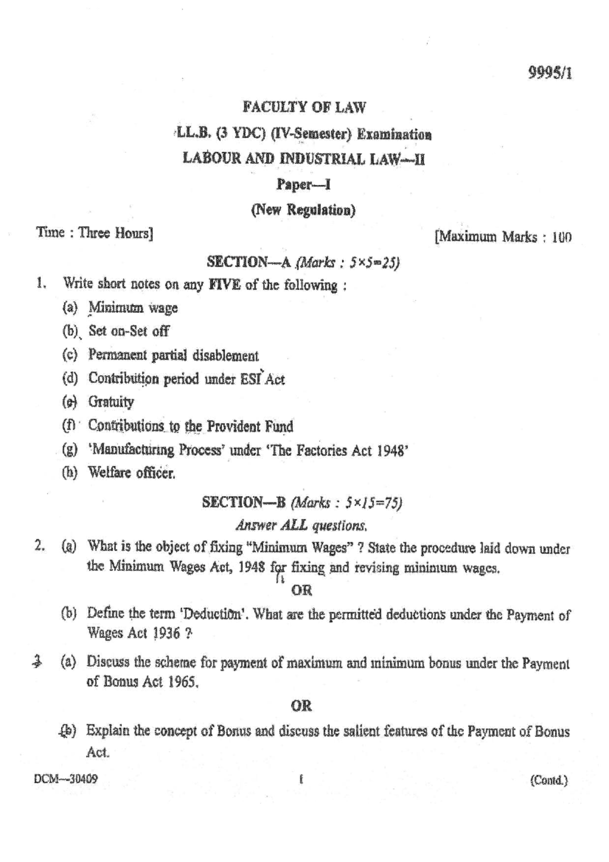 LL.B. (3 YDC) Labour & Industrial Law II Previous Exam Model Paper 5 ...