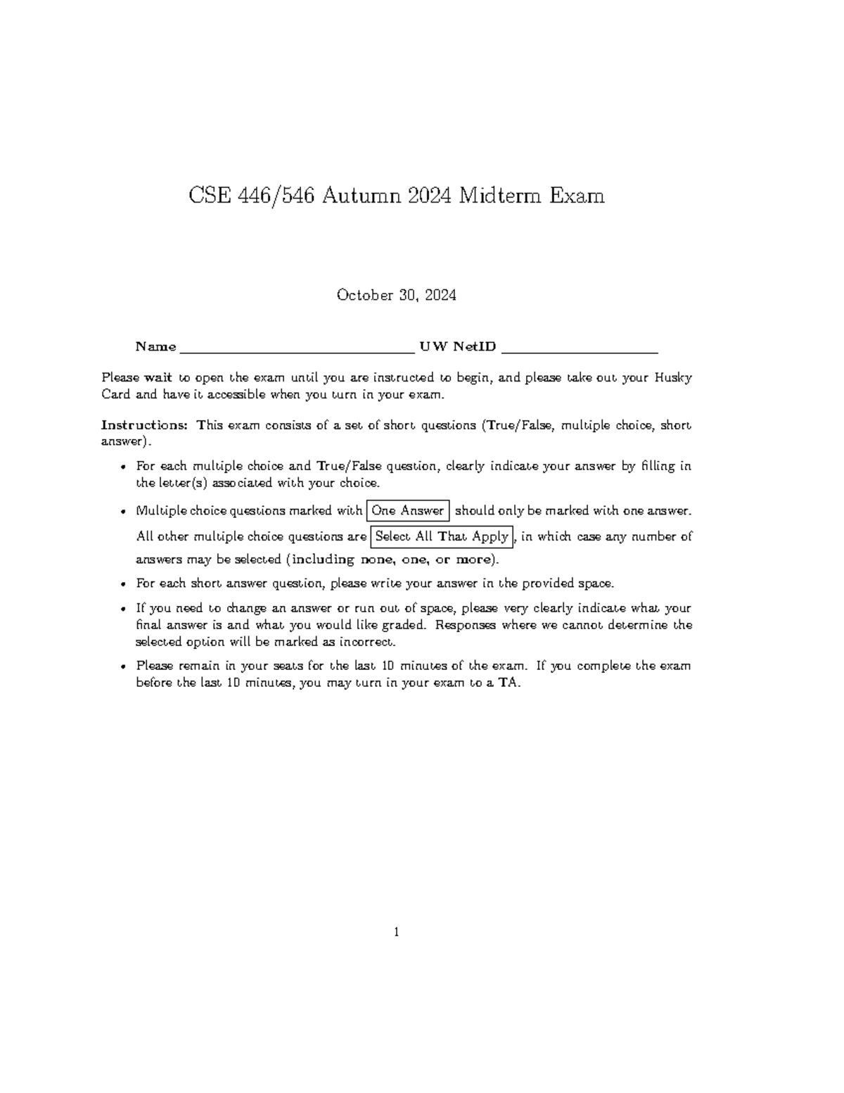 CSE 446/546 Autumn 2024 Midterm Exam Questions and Solutions - CSE 446/ ...