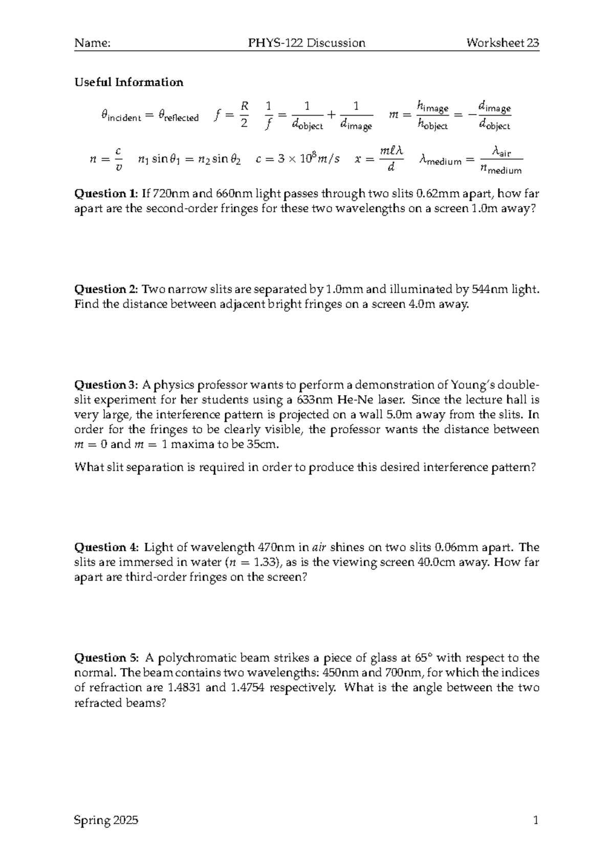 Work-23: Discussion Worksheet on Double-Slit Experiment and ...