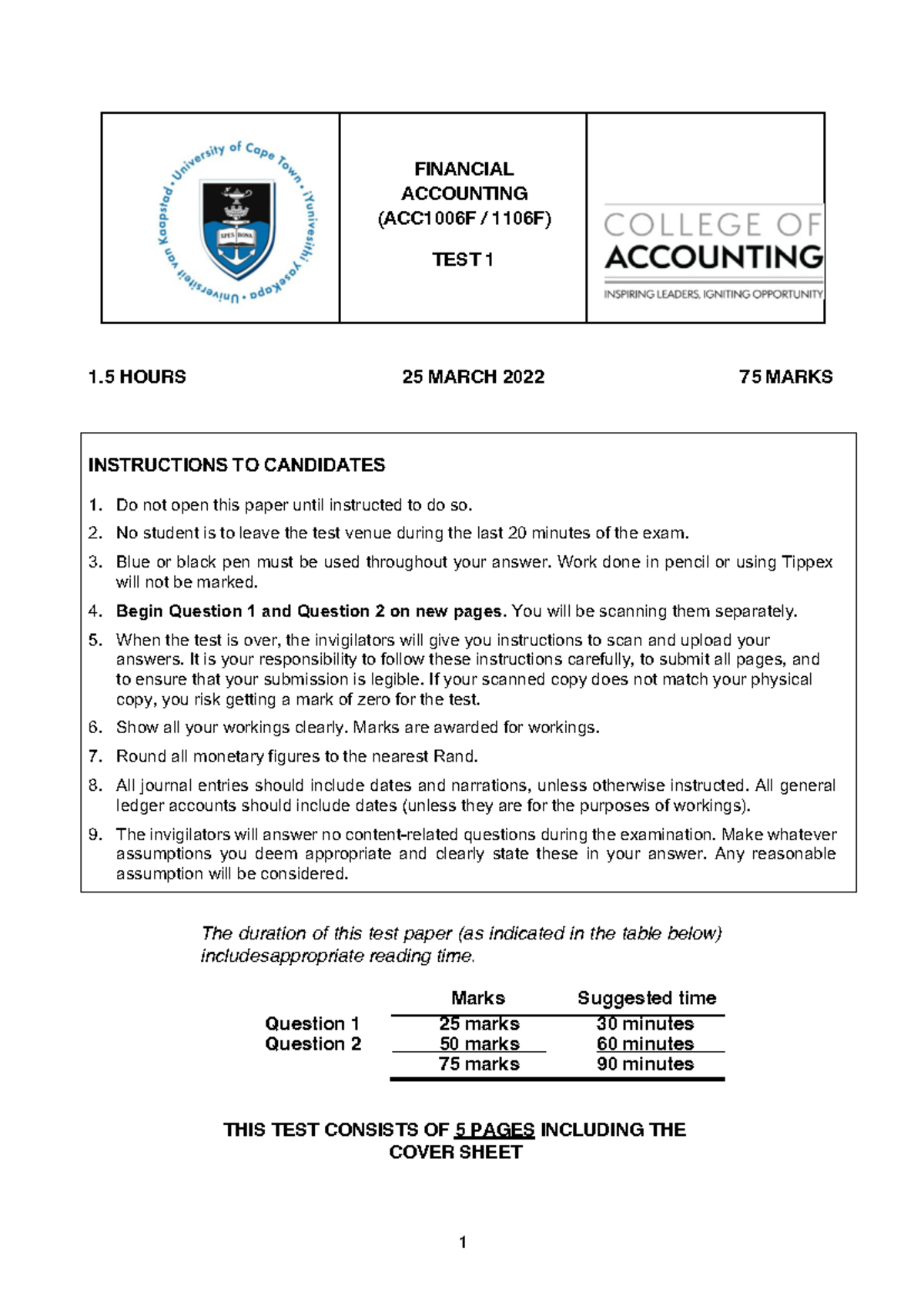ACC1006F Test 1 Questions - Financial Accounting Exam Guide - Studocu