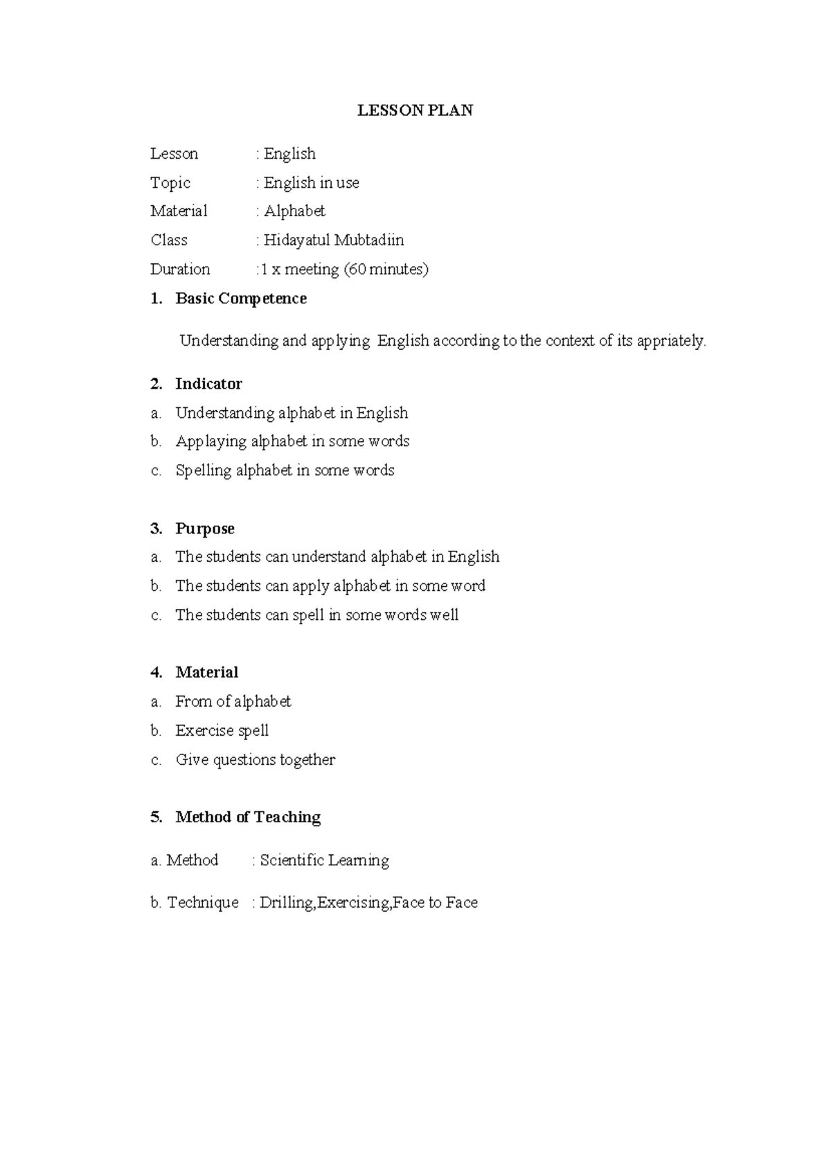 LP Alphabet Majalengka - LESSON PLAN Lesson : English Topic : English ...