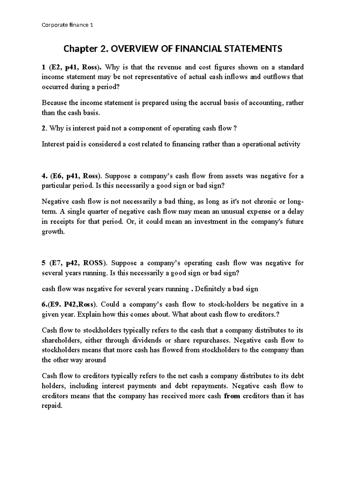 Corporate Finance 1: Chapter 2 - Overview of Financial Statements - Studocu
