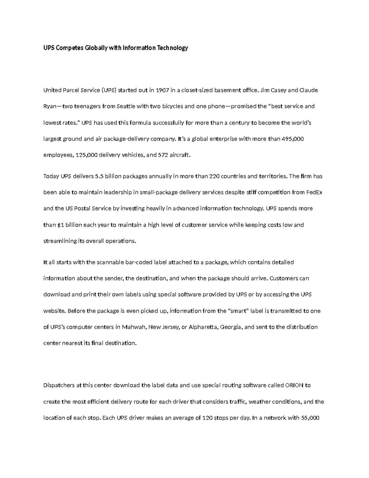 Chapter 1 Case study- UPS - UPS Competes Globally with Information ...