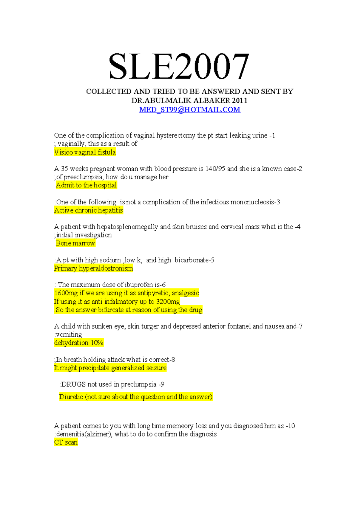 SLE2007 - Collected Questions and Answers for SMLE Exam Preparation ...
