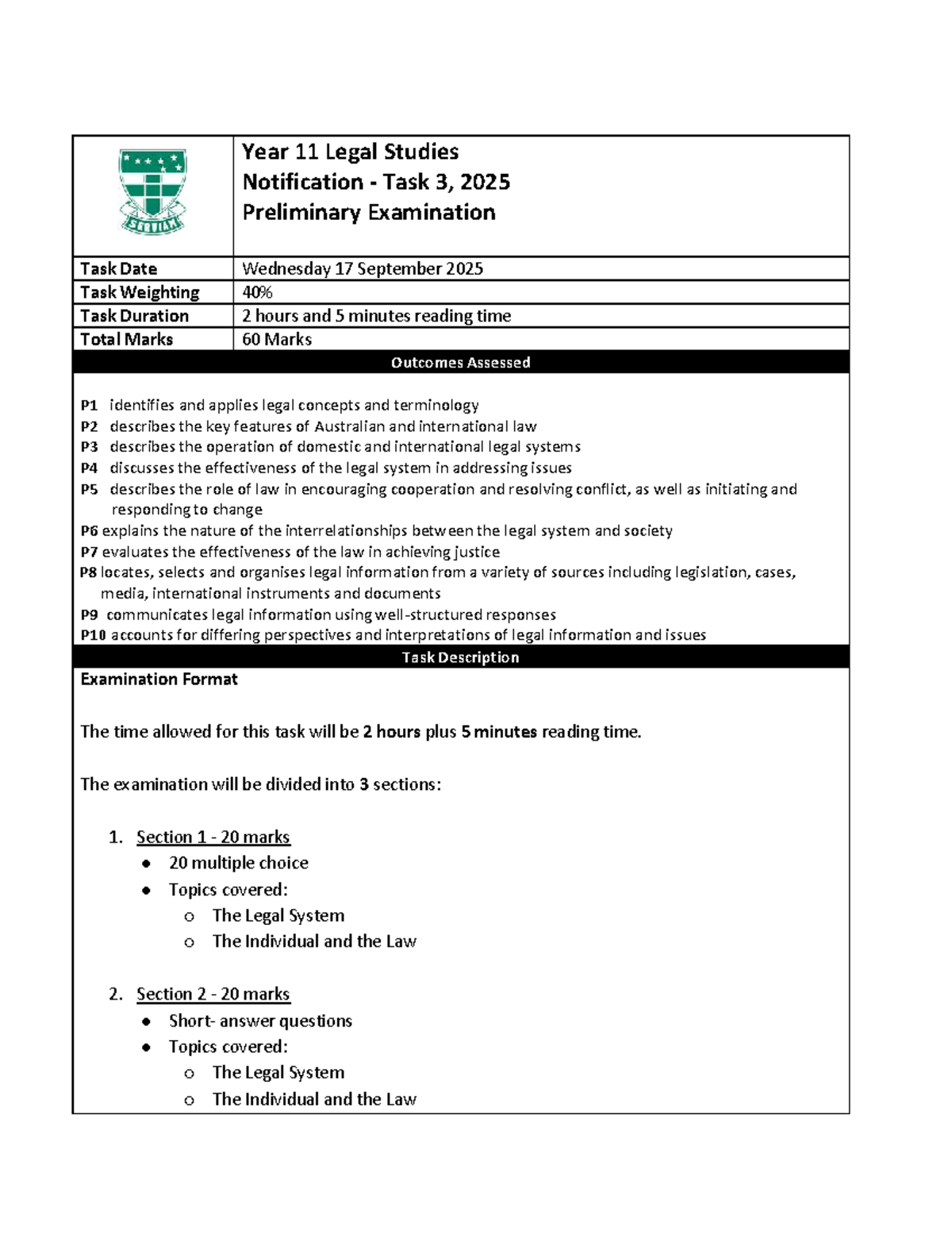 Year 11 Legal Studies Task 3 Notification - Sep 2025 Exam Details - Studocu