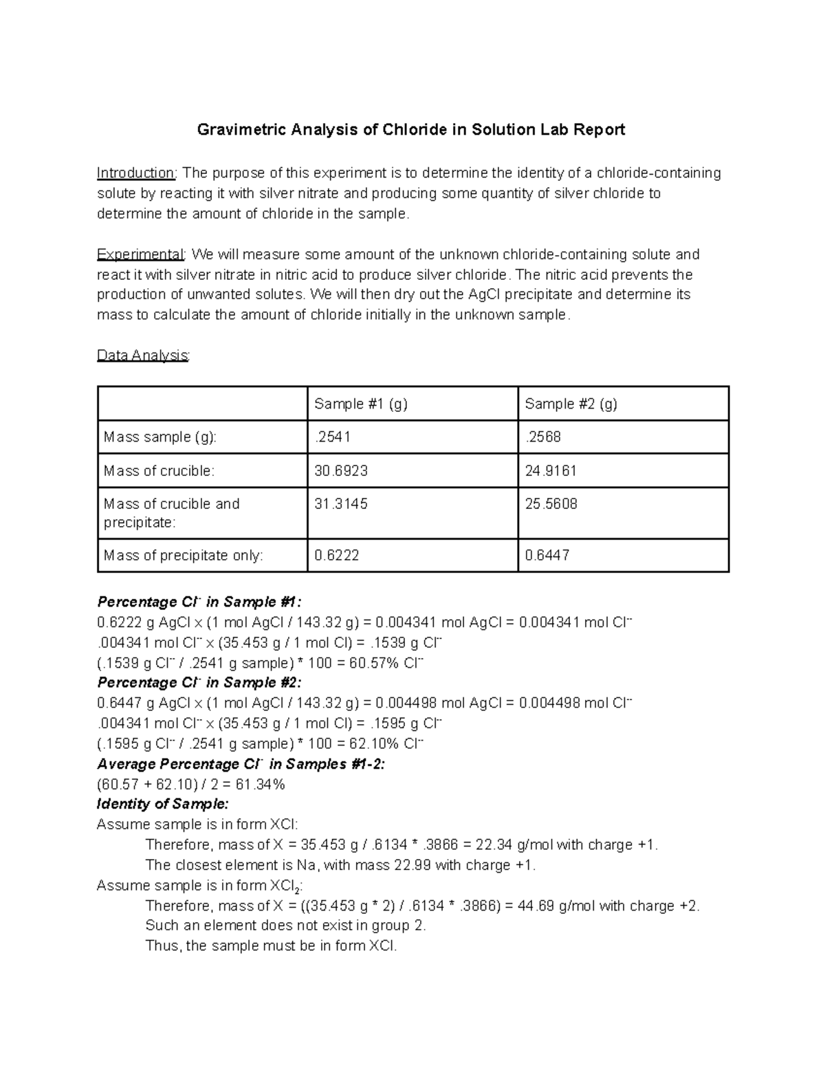 Gravimetric Analysis Lab Report of Chloride Content in Solutions - Studocu