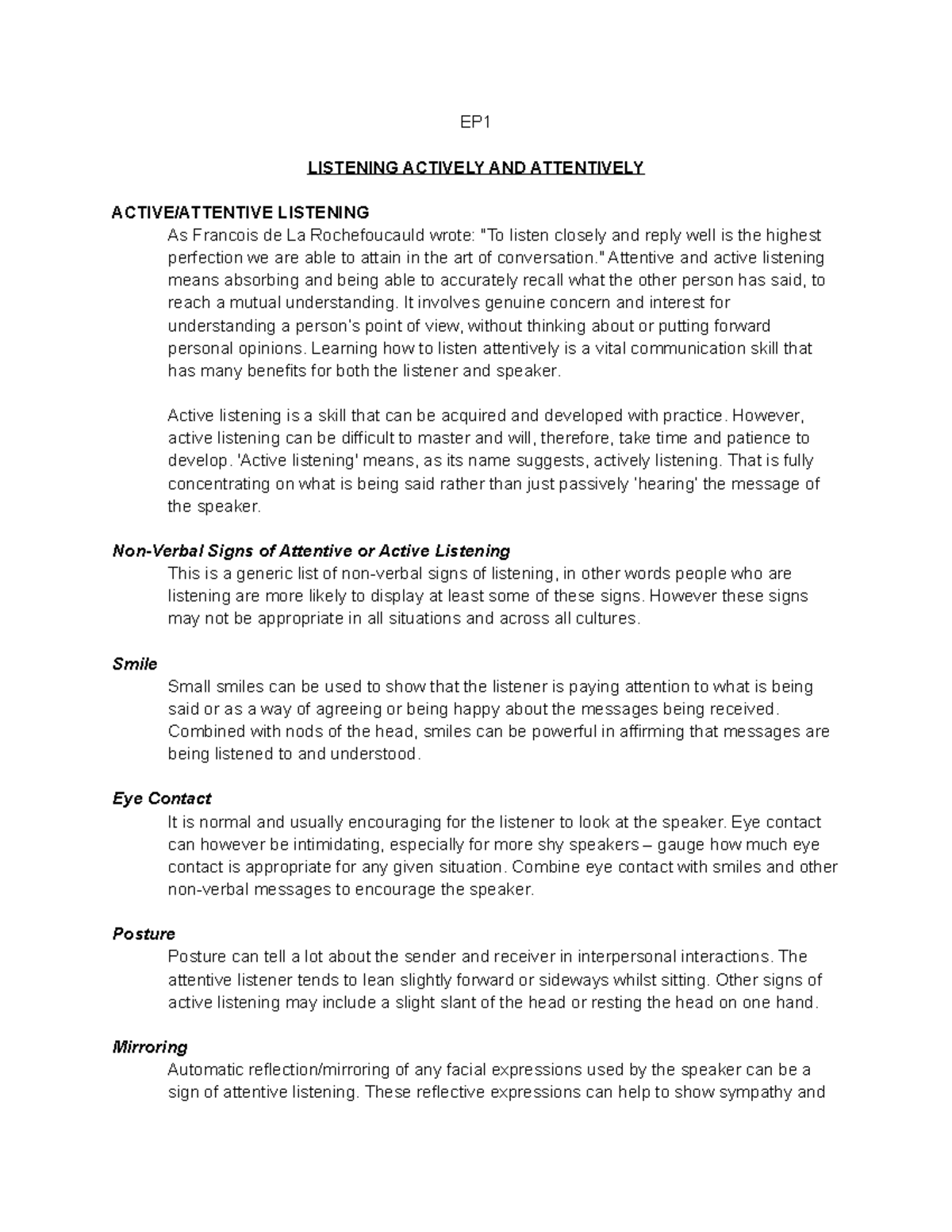 EP1 - Mastering the Art of Active and Attentive Listening - Studocu