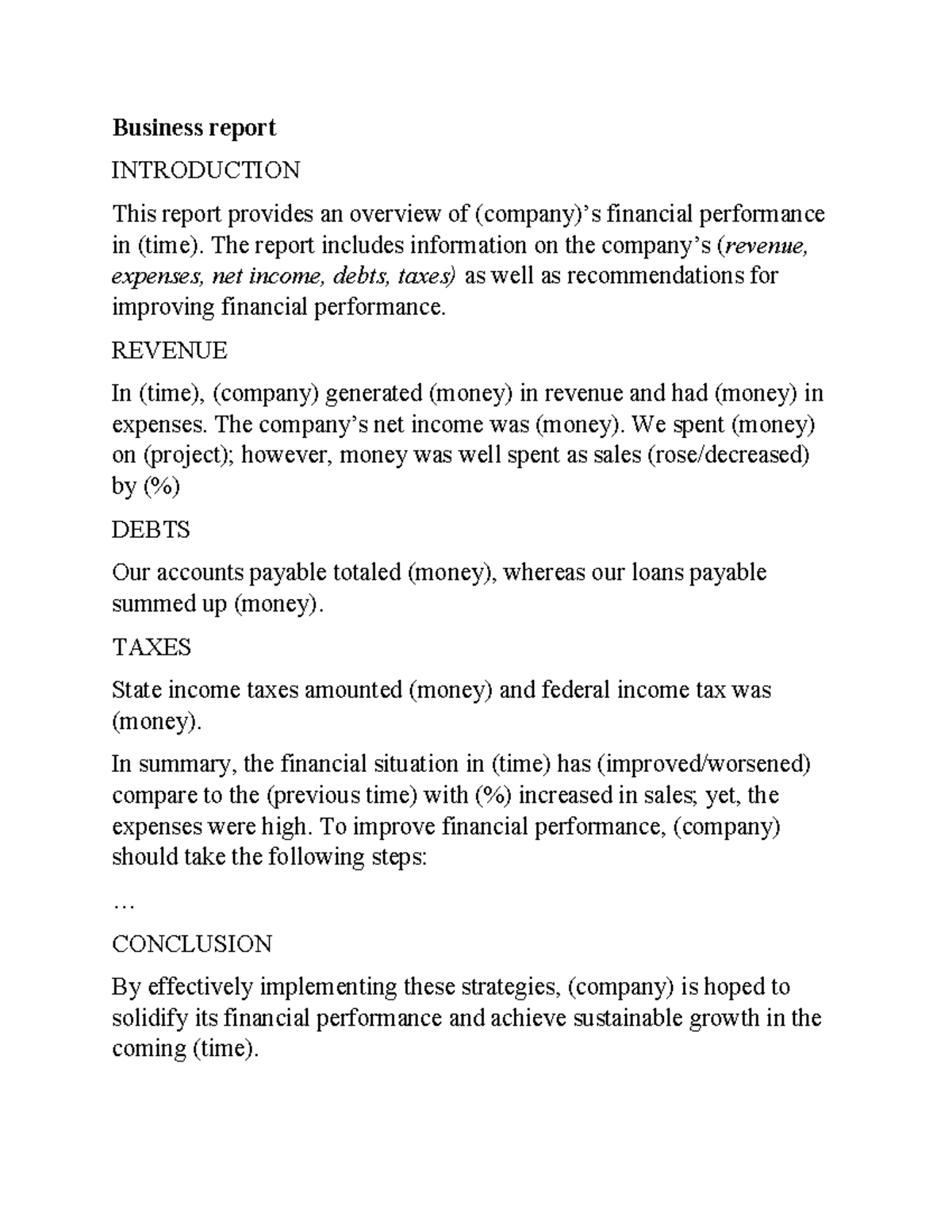 COB2 Business Report on Financial Performance Overview - Studocu