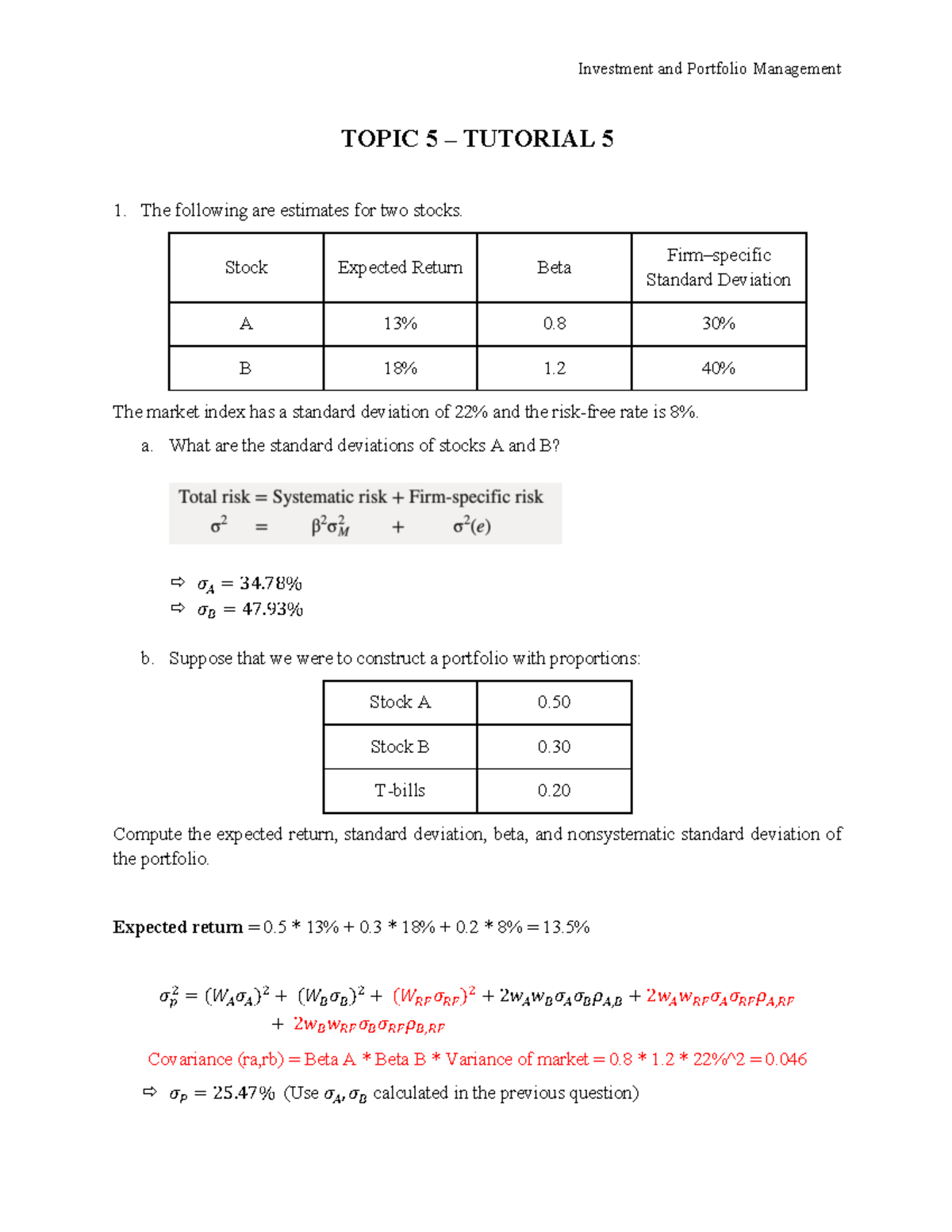 Tutorial 5 - Solutions and Stock Portfolio Analysis - Studocu
