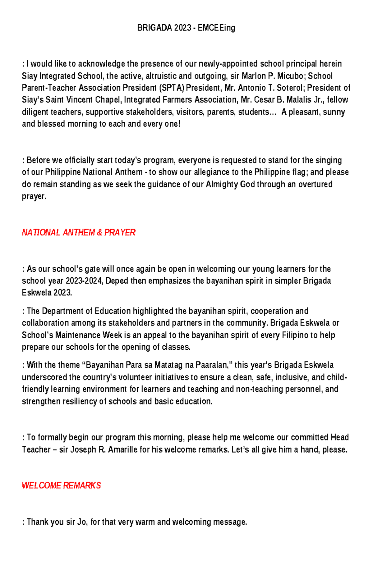 Brigada 2023 - EMCEEing Script for School Program - Studocu