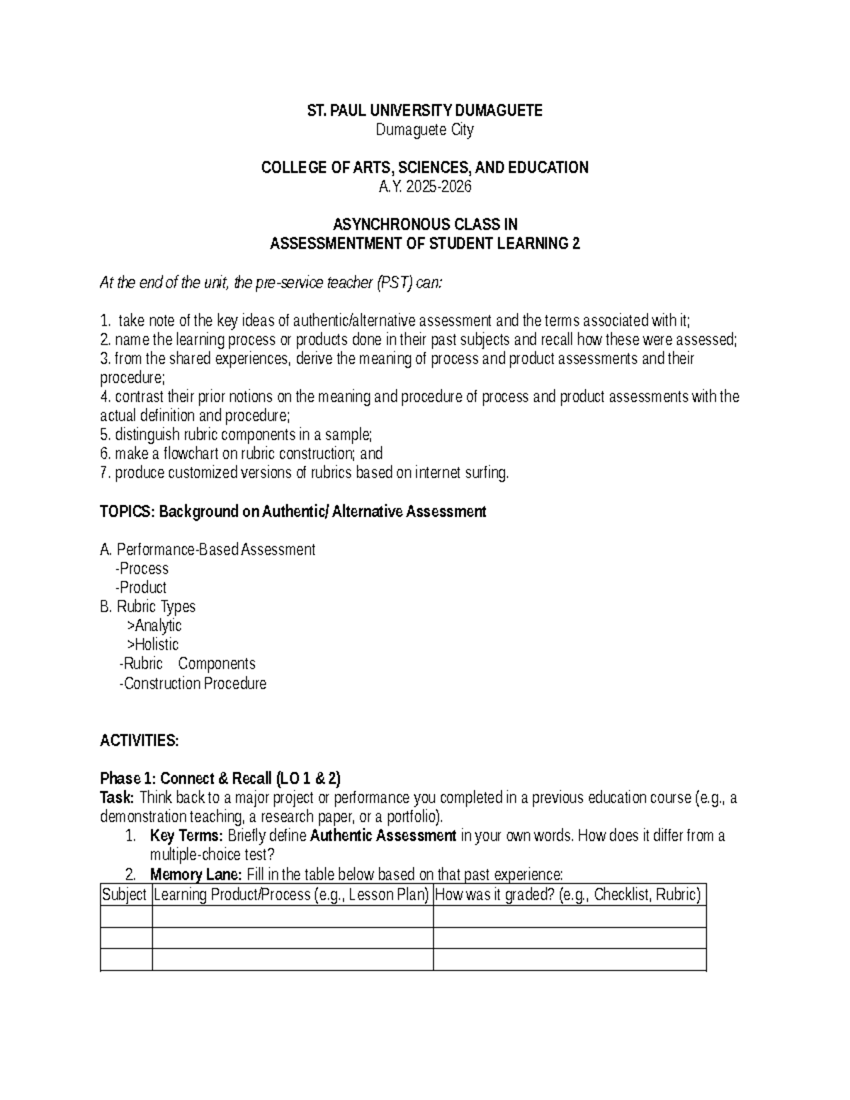 Assessment of Student Learning 2: Key Concepts and Activities - Studocu